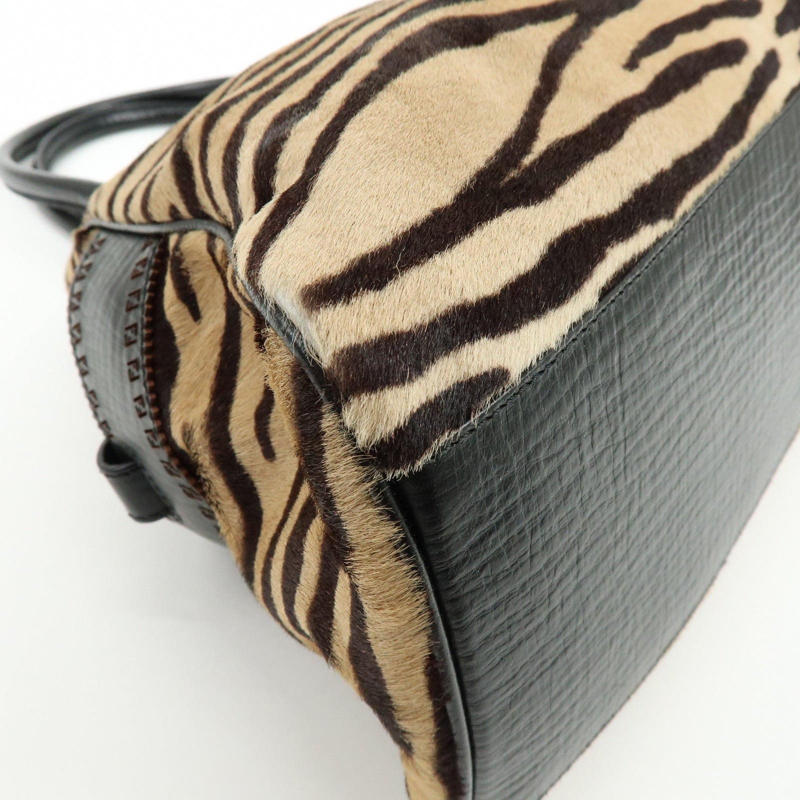 FENDI Etnico Calf Hair Leather Tote Bag Shoulder Bag Brown 8BN162