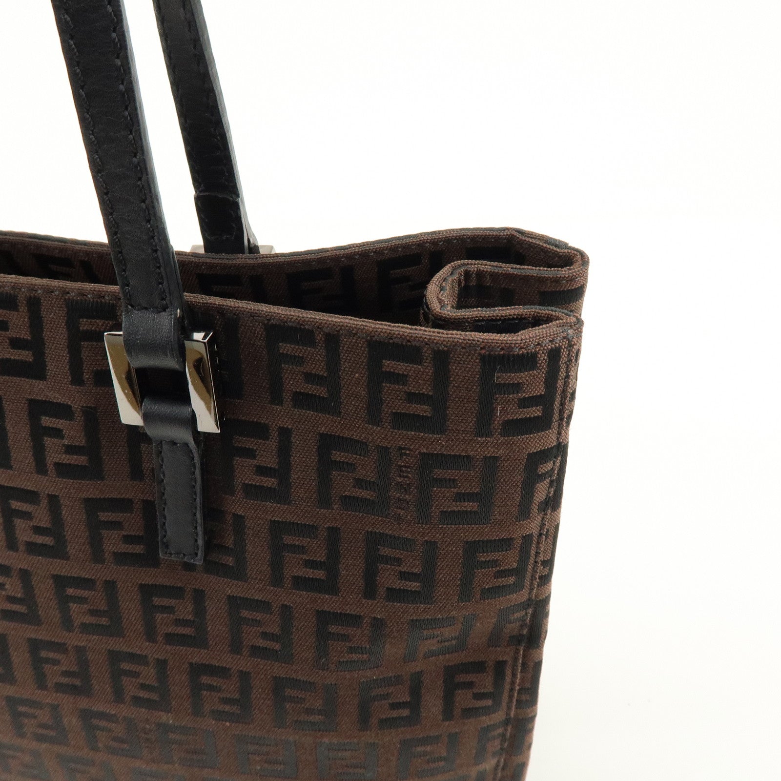FENDI Zucchino Canvas Leather Tote Bag Shoulder Bag Brown Black