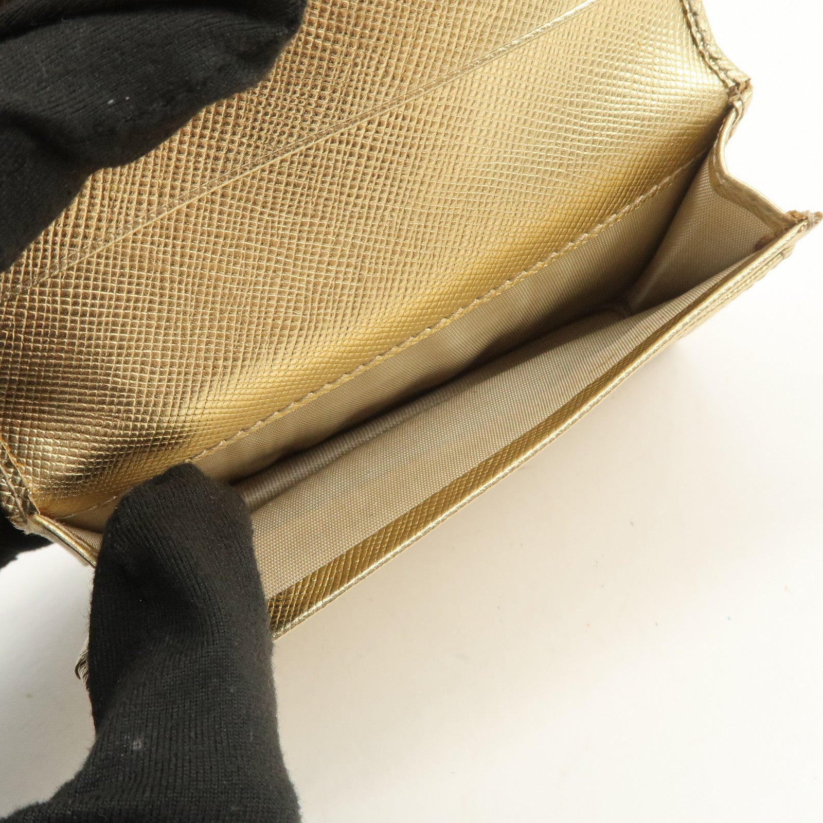 PRADA Triangle Logo Saffiano Leather Card Holder Card Case Gold
