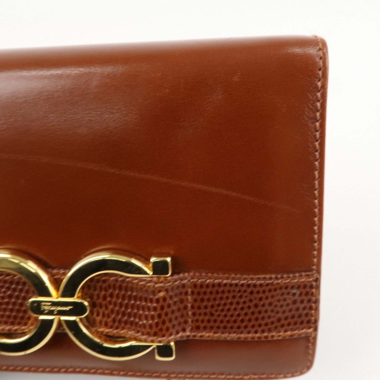 Ferragamo Gancini Leather Chain Shoulder Bag Brown Gold HDW Used