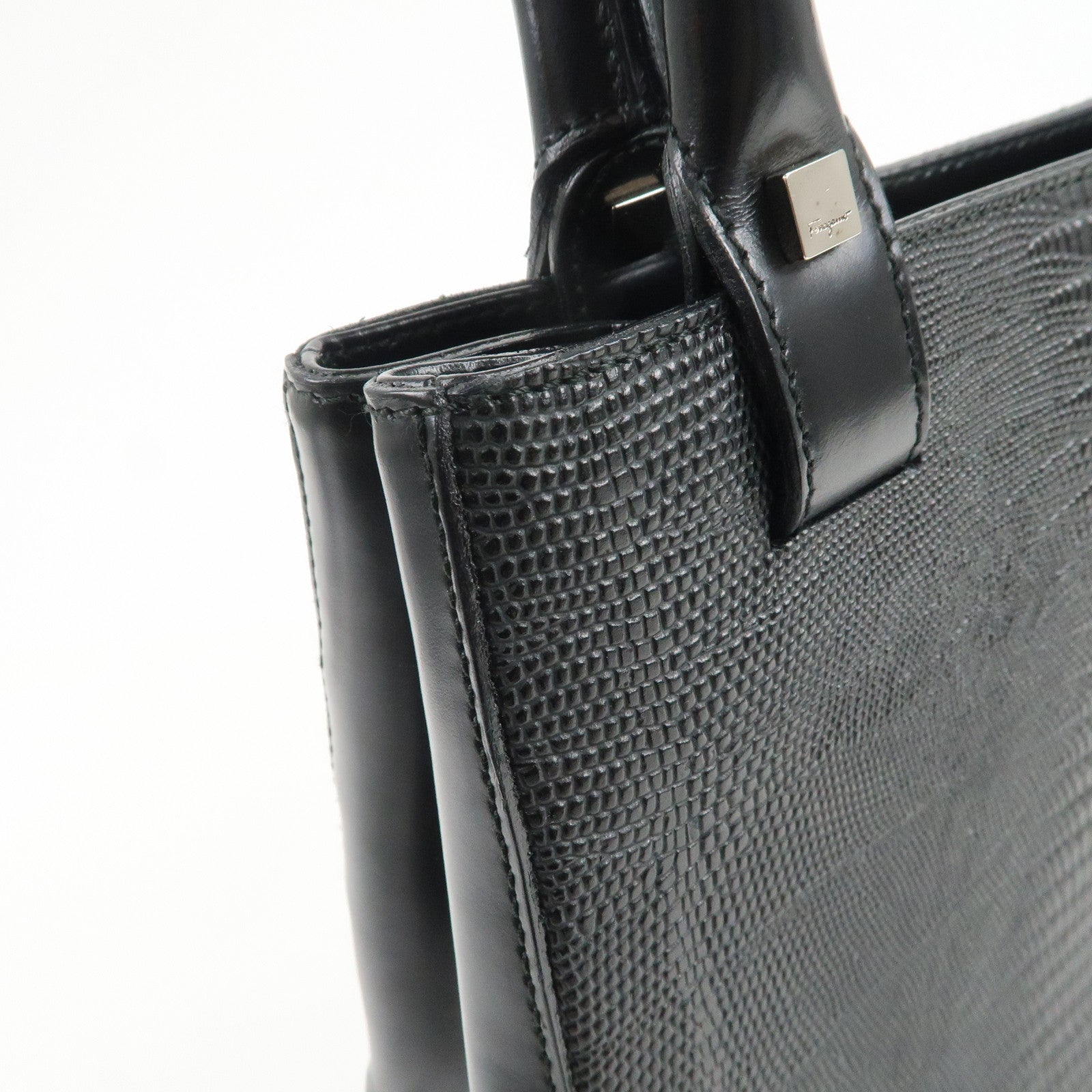 Ferragamo Gancini Embossed Leather Tote Bag Hand Bag Black