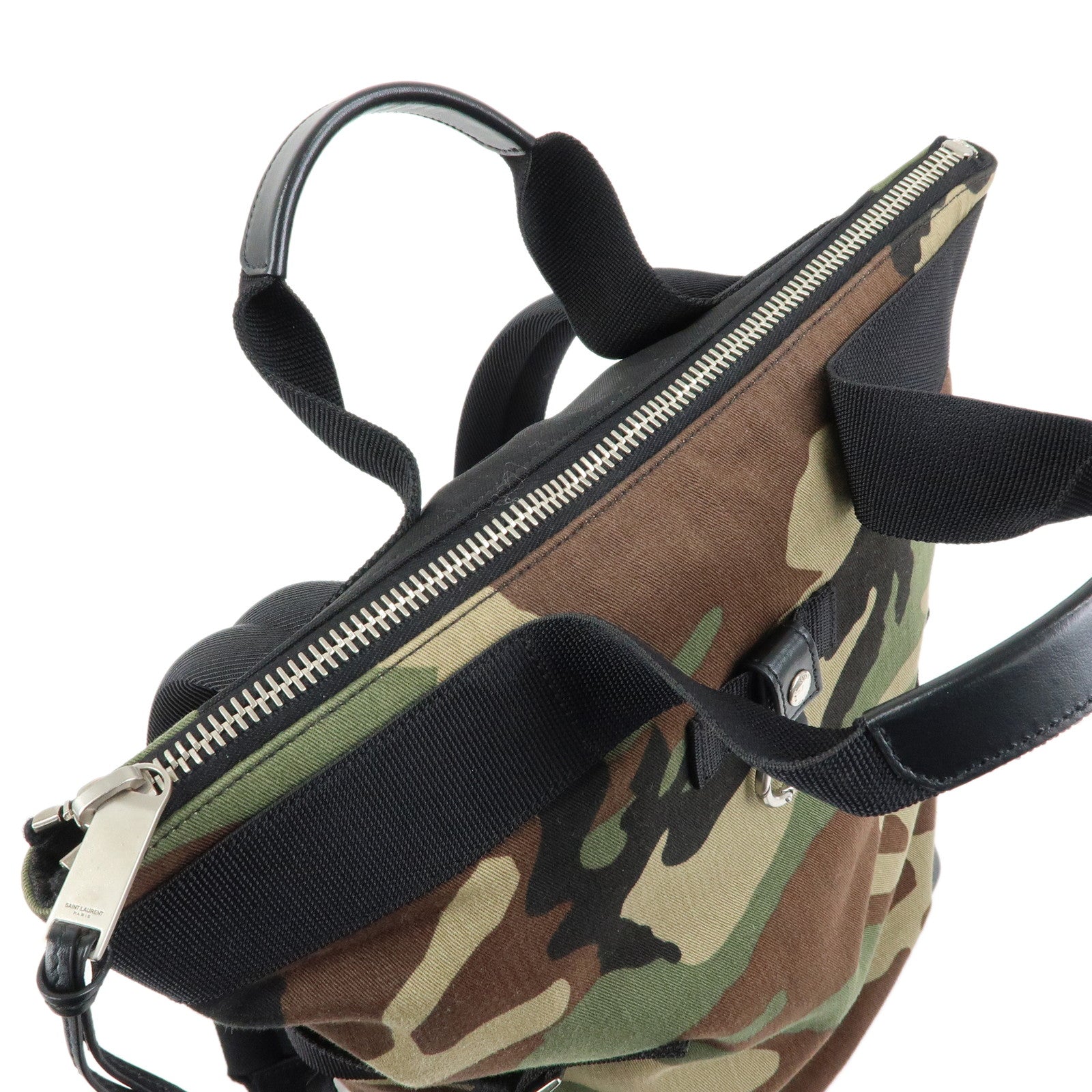 SAINT LAURENT PARIS Nylon Canvas Leather Backpack Camouflage 484172