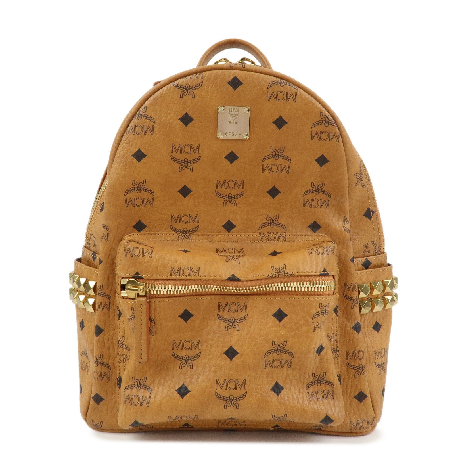 MCM Visetos PVC Leather Backpack Rucksack Studs Cognac