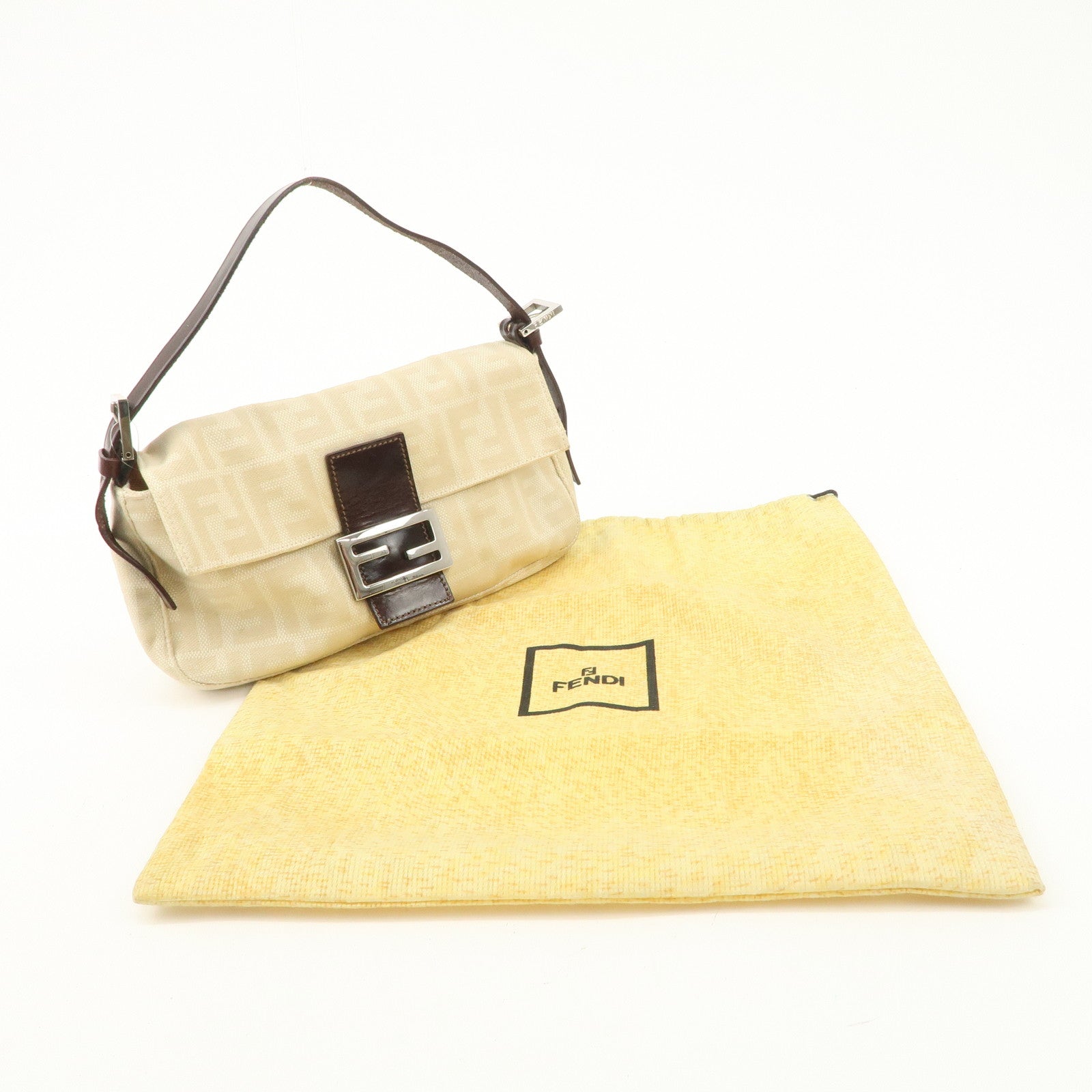 FENDI Mamma Baguette Zucca Leather Canvas Hand Bag Beige Brown 26424 Used