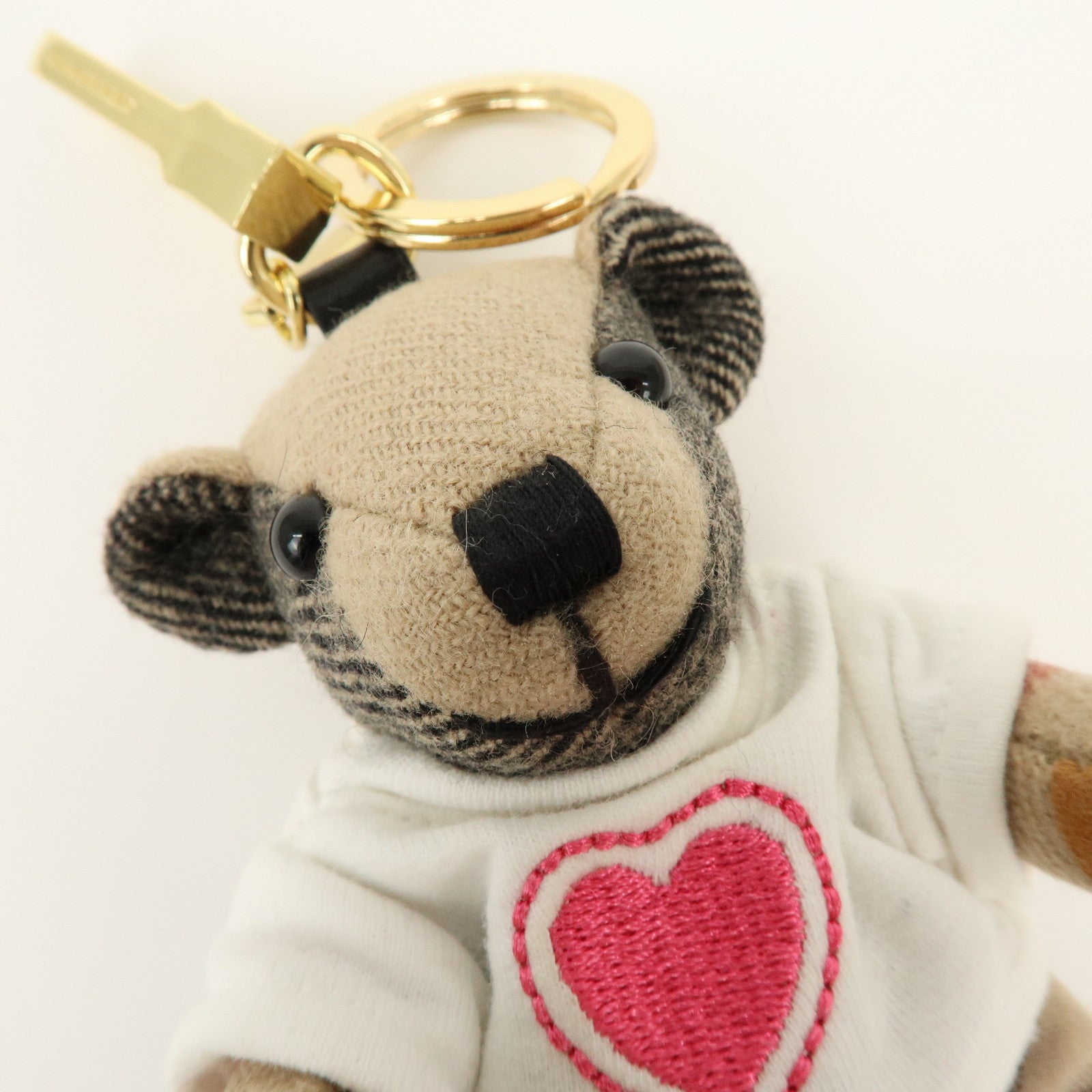 BURBERRY Nova Plaid Canvas Bear Bag Charm Key Holder Beige White