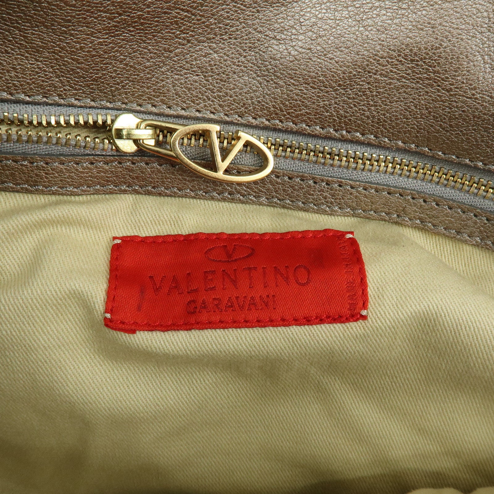 VALENTINO Flower Embroidery Leather Hand Bag Shoulder Bag Greige