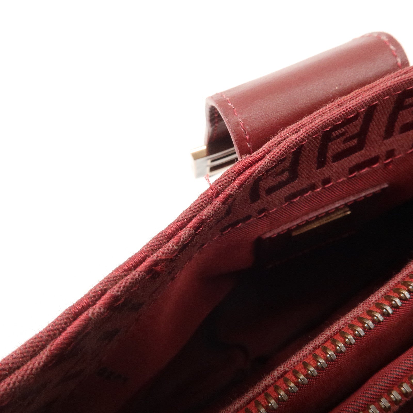 FENDI Zucchino Leather Canvas Shoulder Bag Hand Bag Red Used