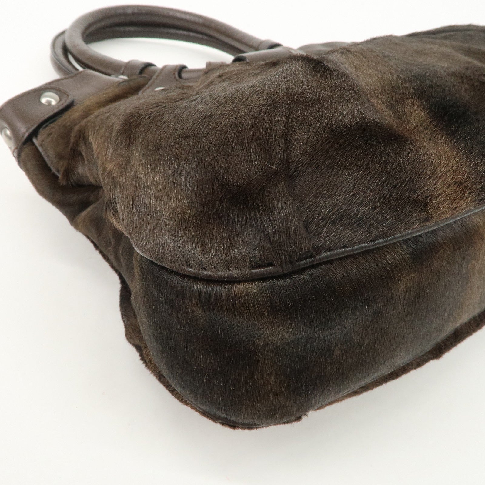 Ferragamo Gancini Unborn Calf Leather Hand Bag Dark Brown Used