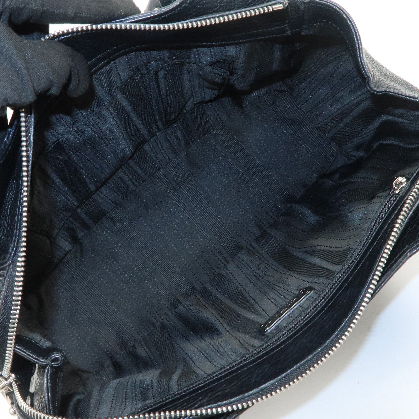 Ferragamo Gancini Leather Hand Bag Shoulder Bag Black Silver