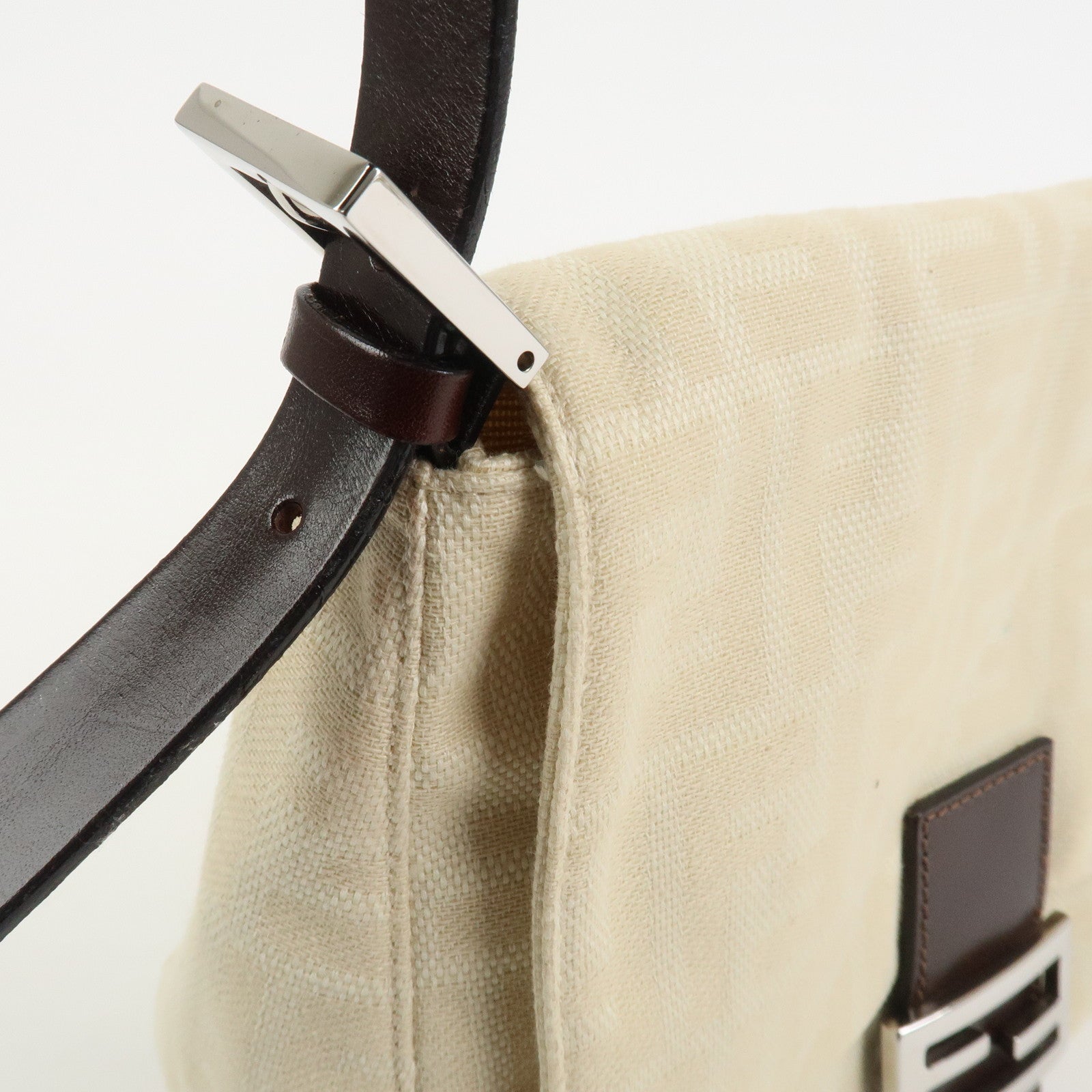 FENDI Mamma Baguette Canvas Leather Shoulder Bag Ivory 26325