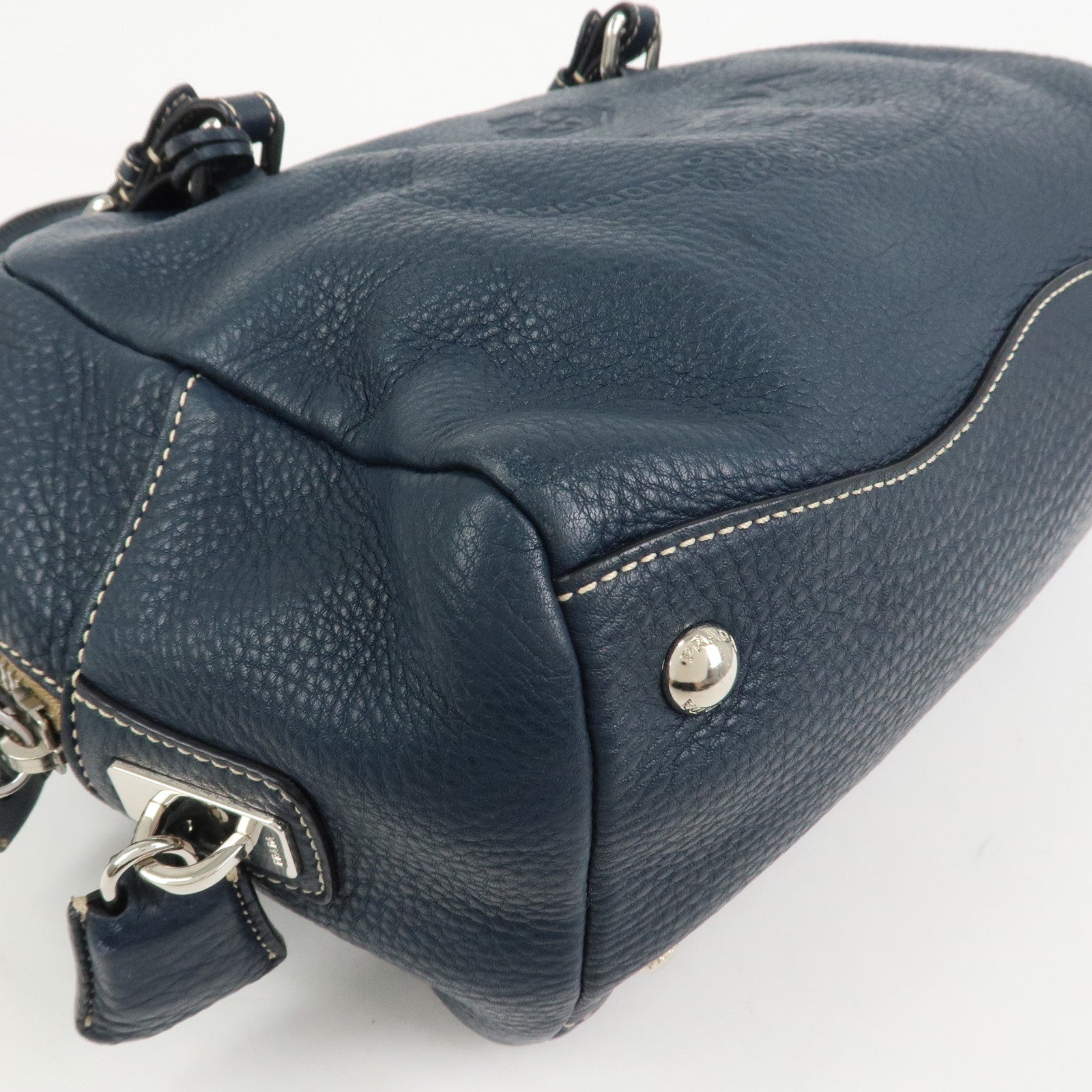 PRADA Logo Leather Boston Bag Hand Bag Navy BR3091