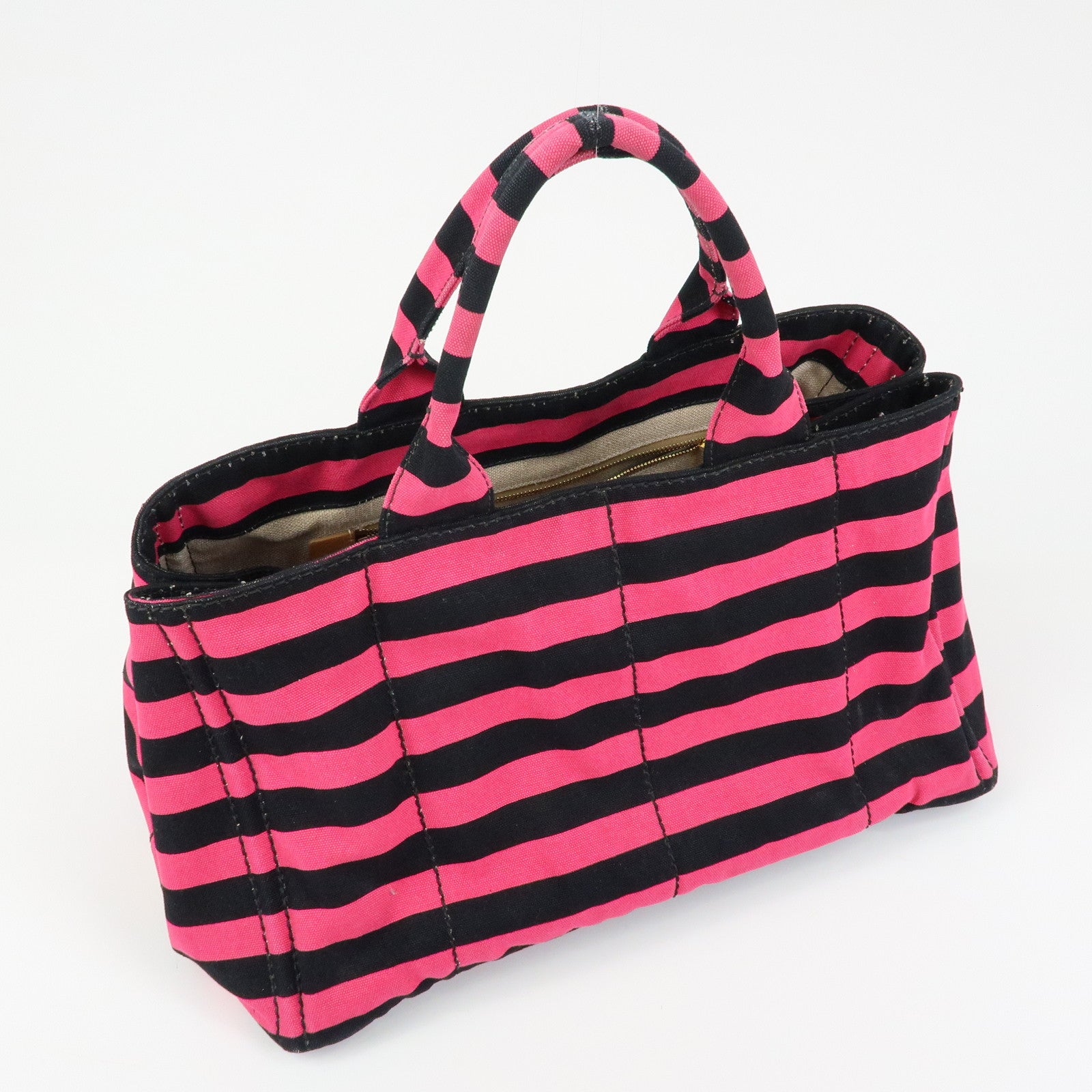 PRADA Canapa Large Triangle Logo Tote Bag Striped Pink Black B1872B