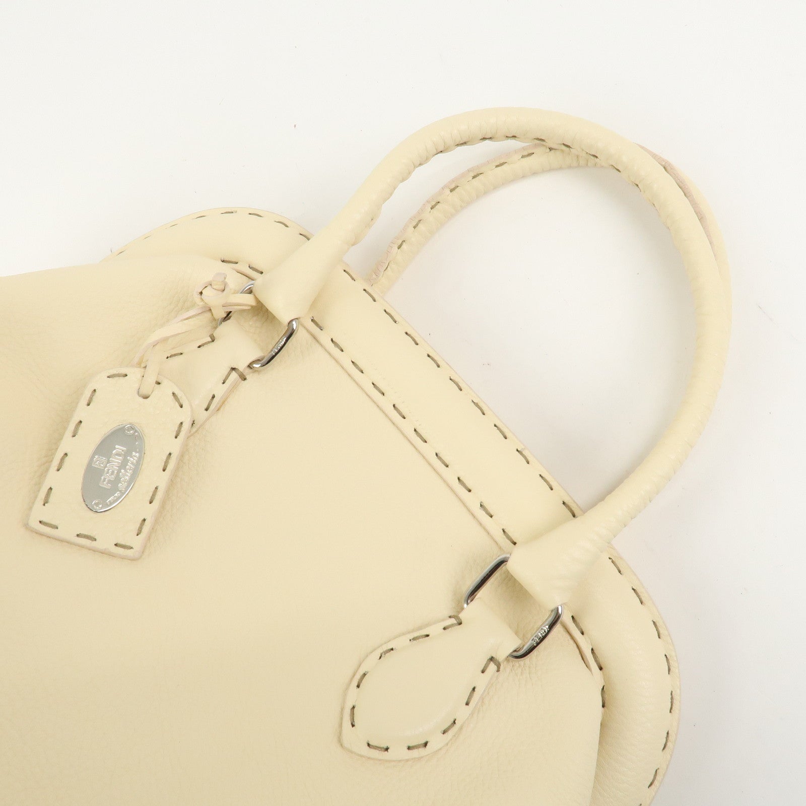 FENDI Selleria Leather Boston Bag Hand Bag Cream 8BN127