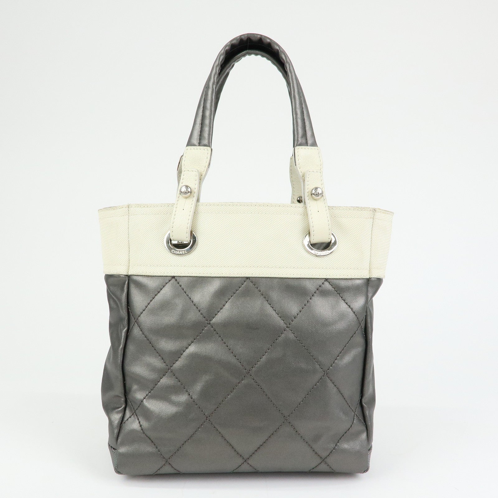 CHANEL Paris-Biarritz PVC Canvas Leather Tote Bag Gray Ivory A34208
