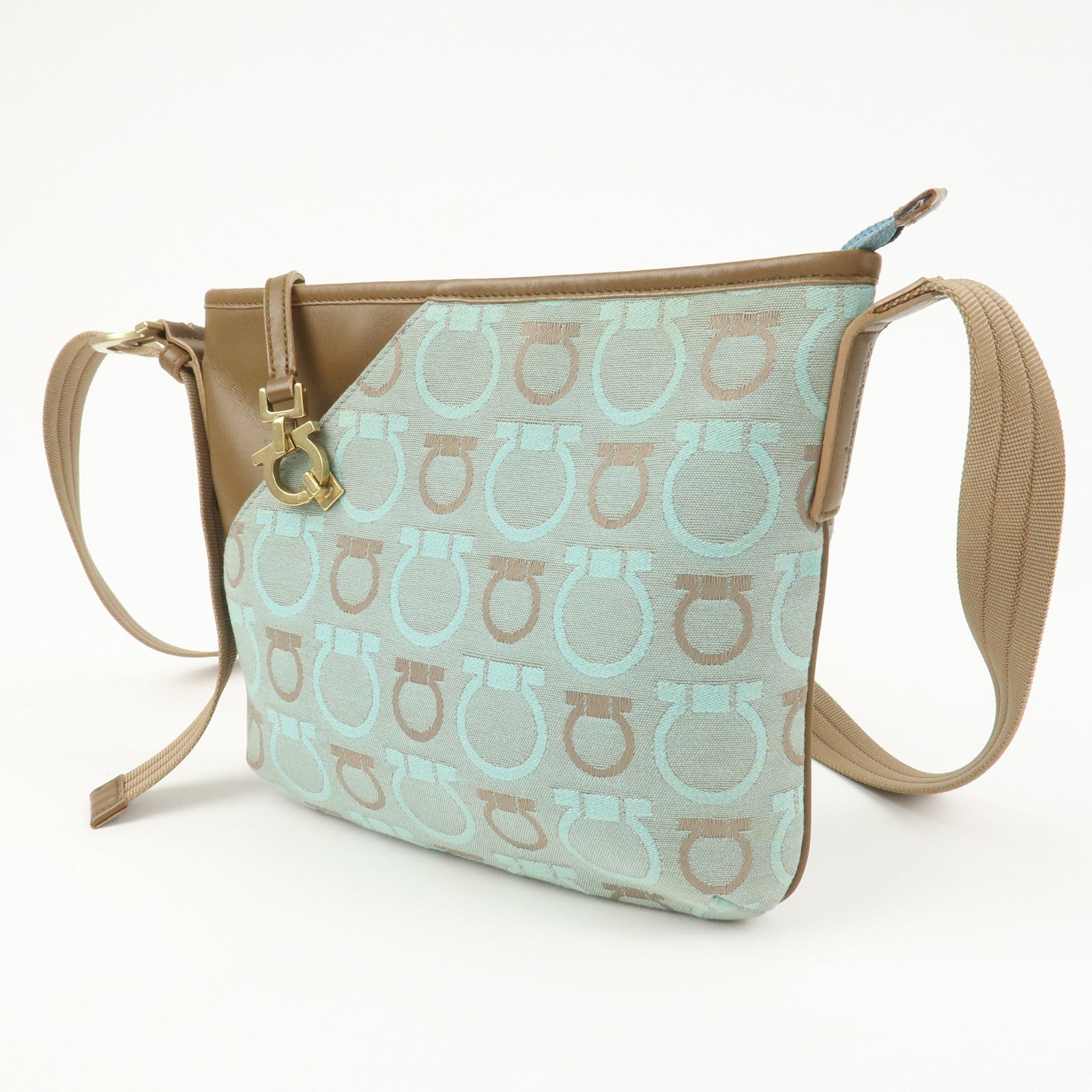 Ferragamo Gancini Logo Canvas Leather Shoulder Bag Light Blue Brown