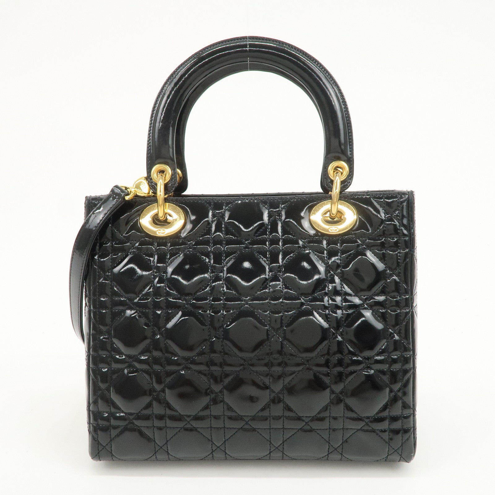 Christian Dior Lady Dior Cannage Patent Leather 2Way Hand Bag Black