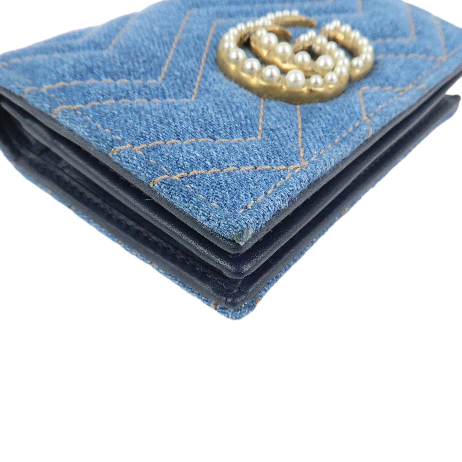 GUCCI GG Marmont Denim Leather Compact Bi-fold Wallet Blue 466492