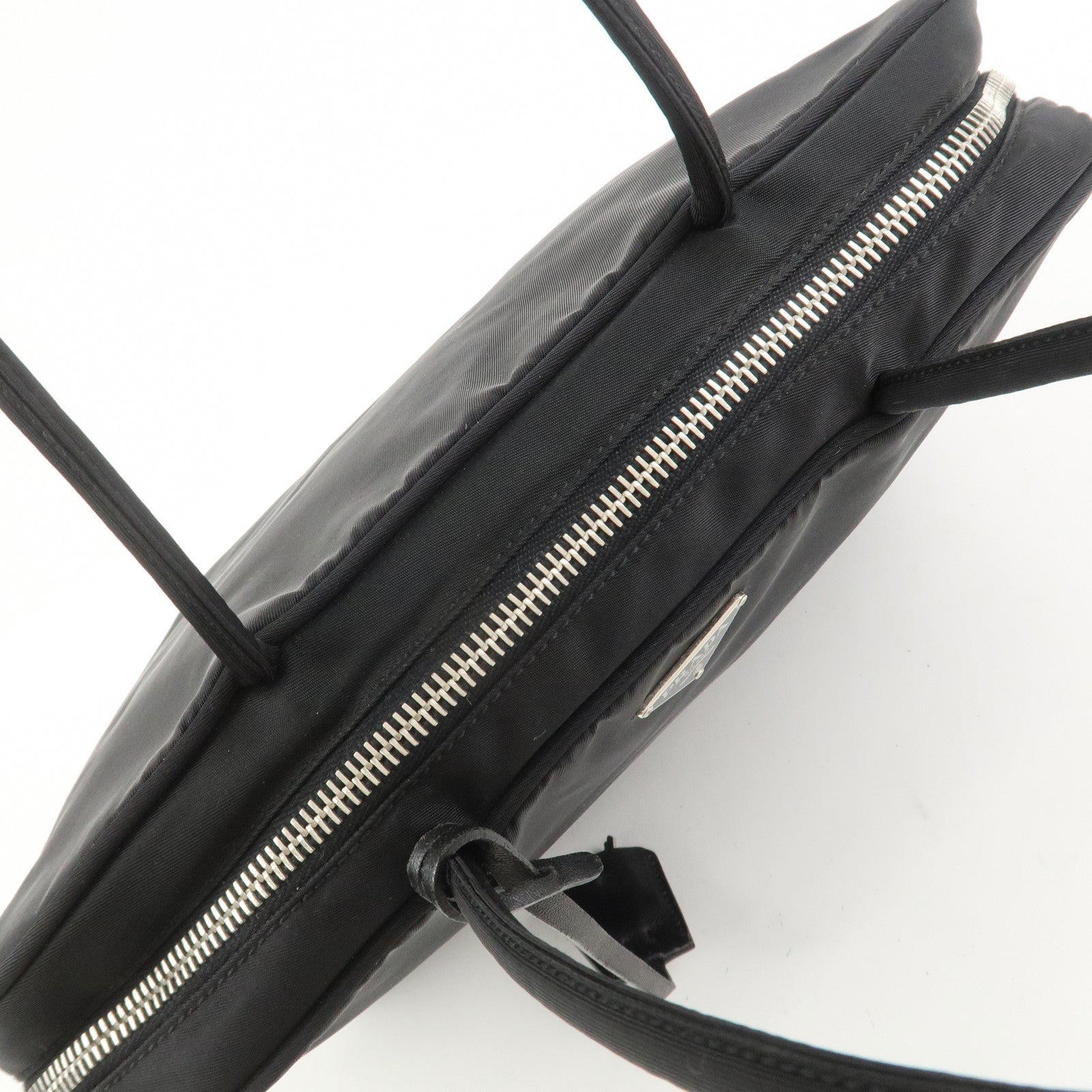 PRADA Triangle Logo Nylon Leather Hand Bag Black BN0531