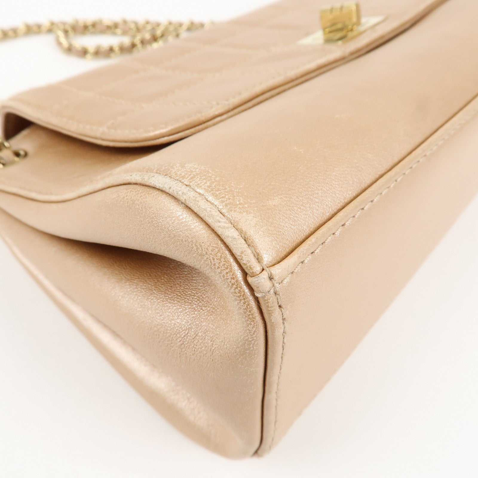 CHANEL Chocolate Bar Leather Chain Shoulder Bag Pink Gold Used