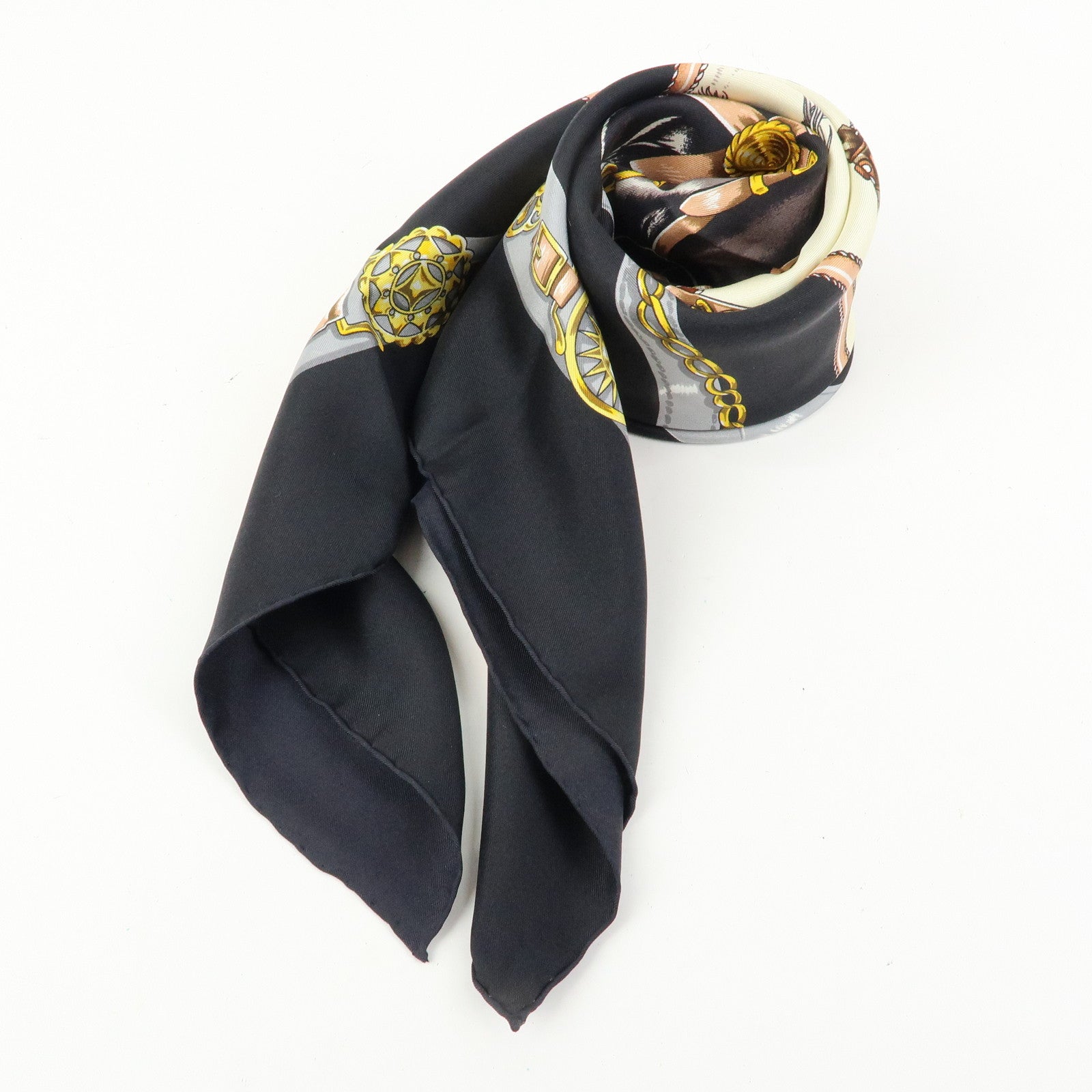 HERMES Carre 90 Silk 100% Scarf CHEVAUX DE TRAIT Black Gold Beige