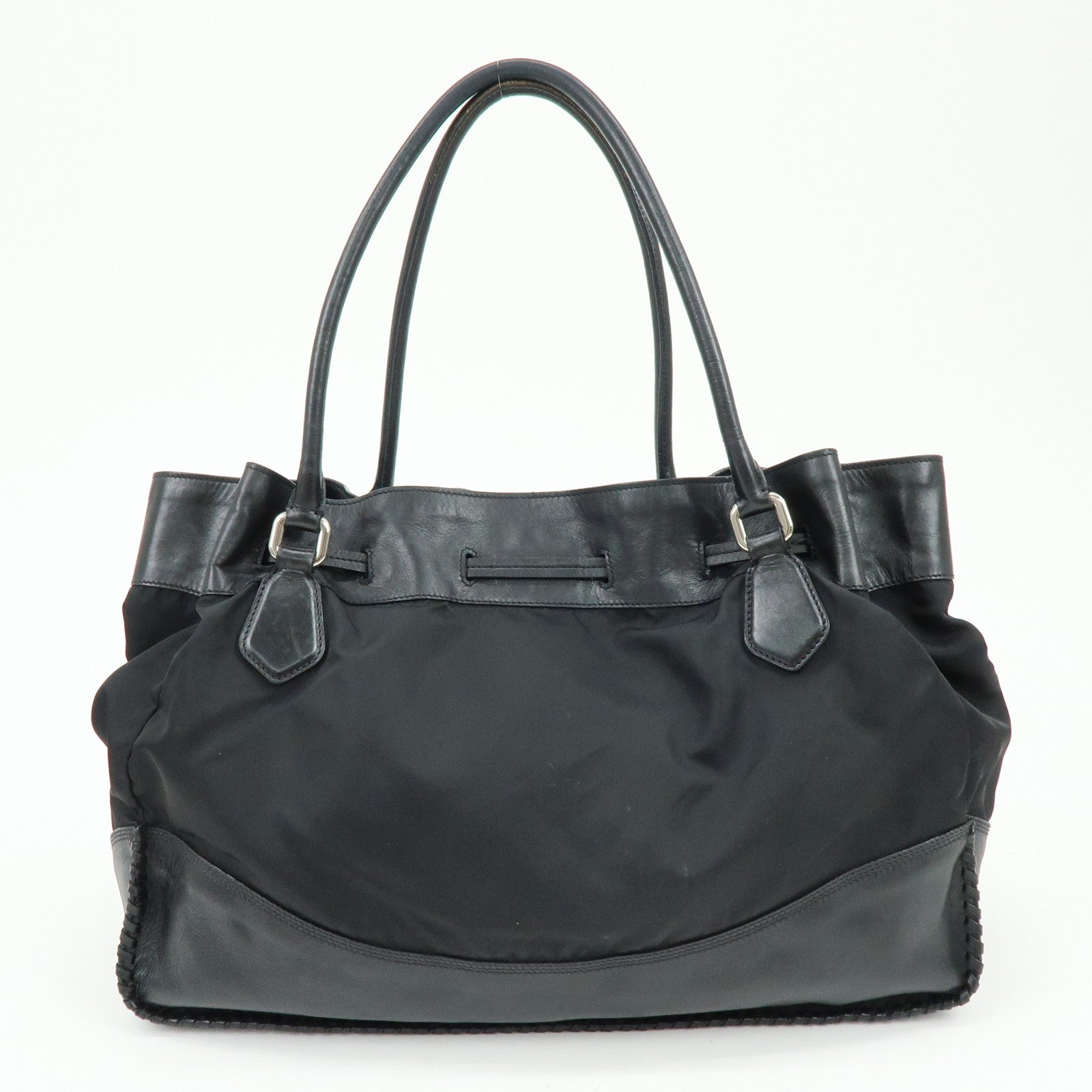 PRADA Triangle Logo Nylon Leather Tote Bag Hand Bag Black BR3616