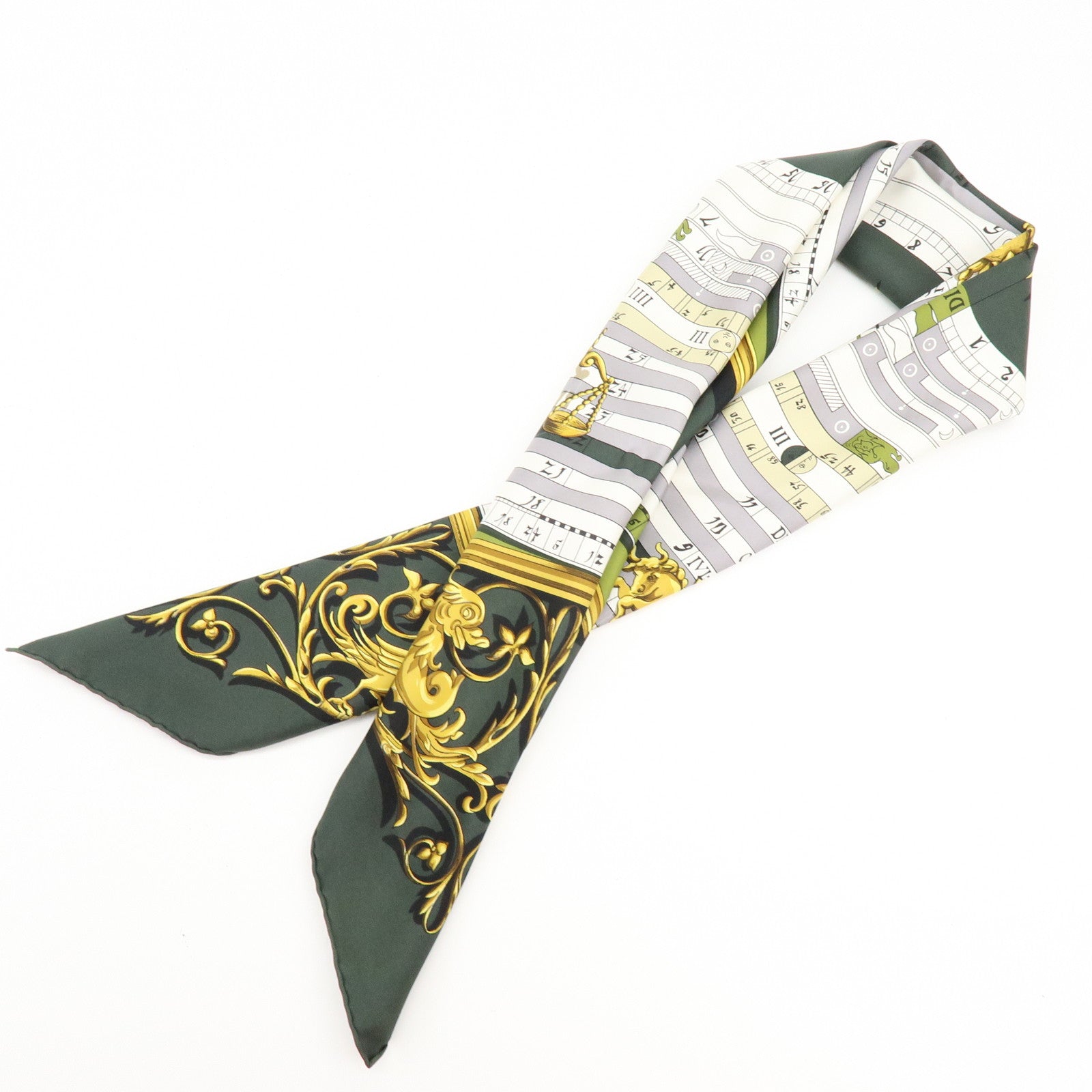 HERMES Carre 90 Silk 100% Scarf DIES ET HORE Green White Gold