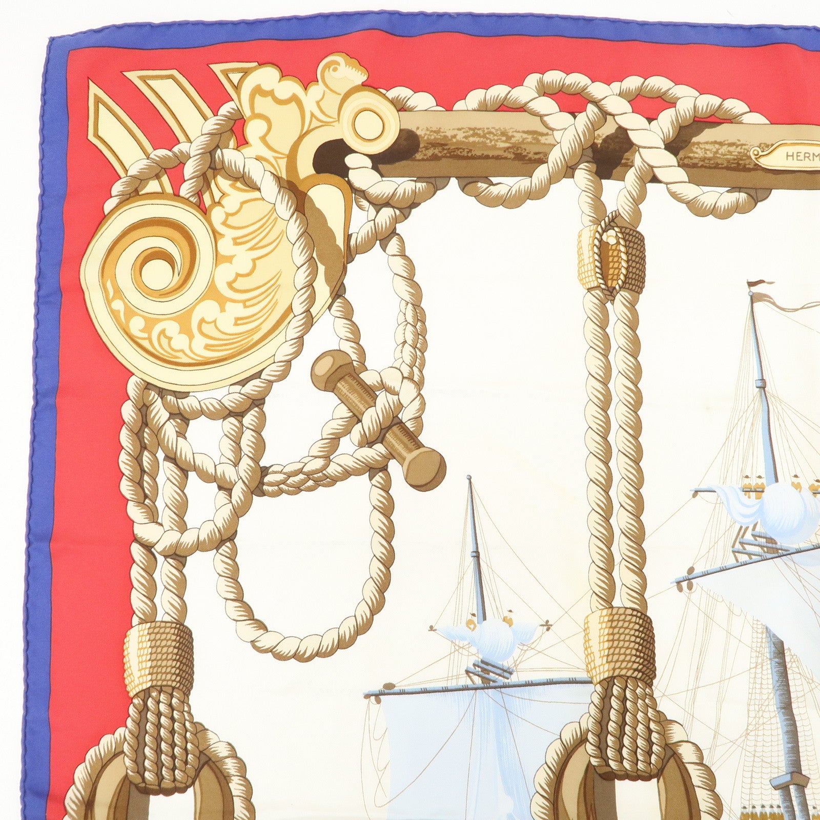 HERMES Carre 90 Silk 100% Lephyr Scarf Ivory Red Blue