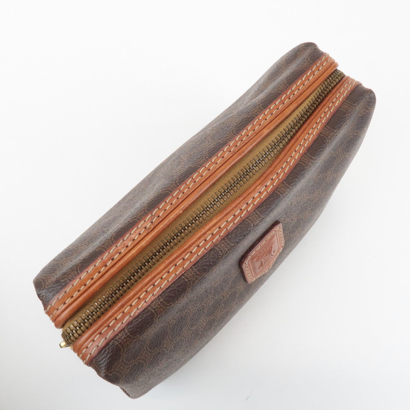 CELINE Macadam PVC Leather Canvas Pouch Brown Gold Hardware