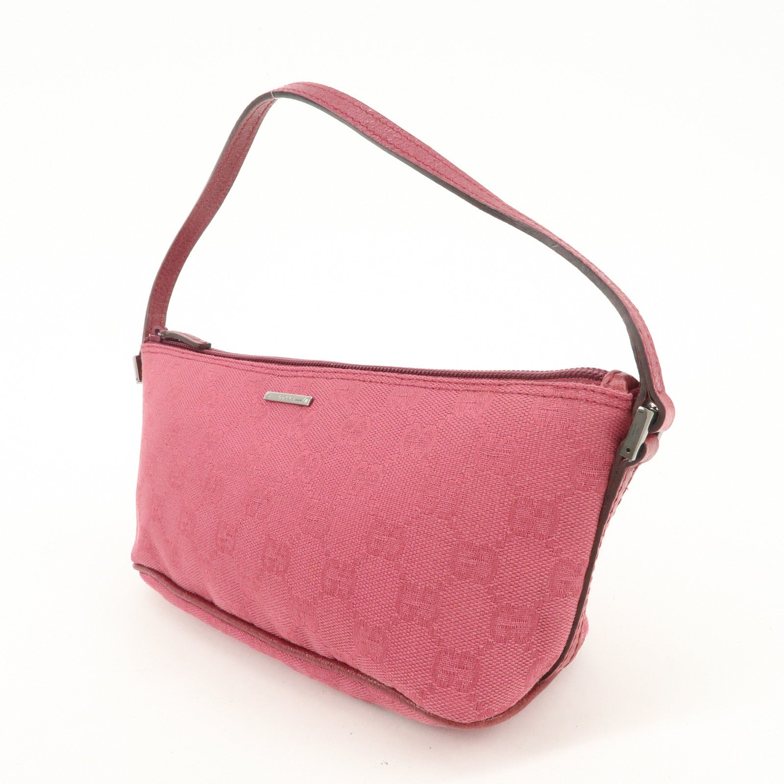 GUCCI Boat Bag GG Canvas Leather Hand Bag Pouch Pink 07198 Used