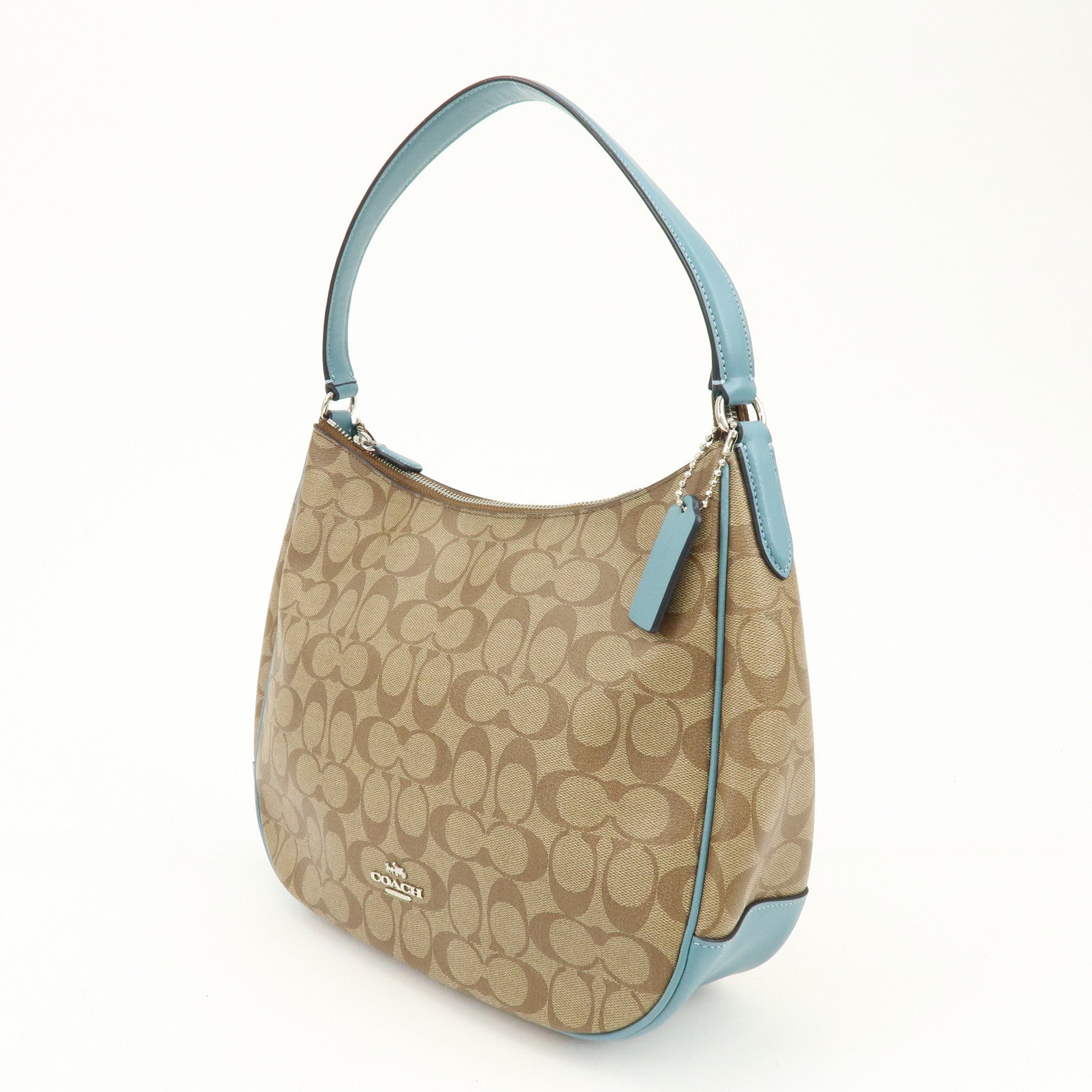 COACH Signature PVC Coated Canvas Leather Shoulder Bag Beige Blue