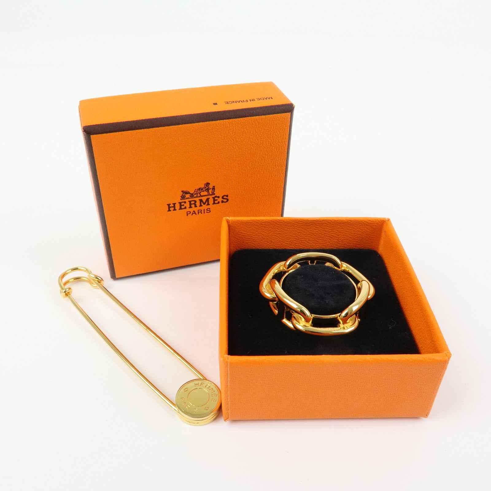 HERMES Sellier Set of 2 Metal Sellier Pin Brooch Legato Scarf Ring