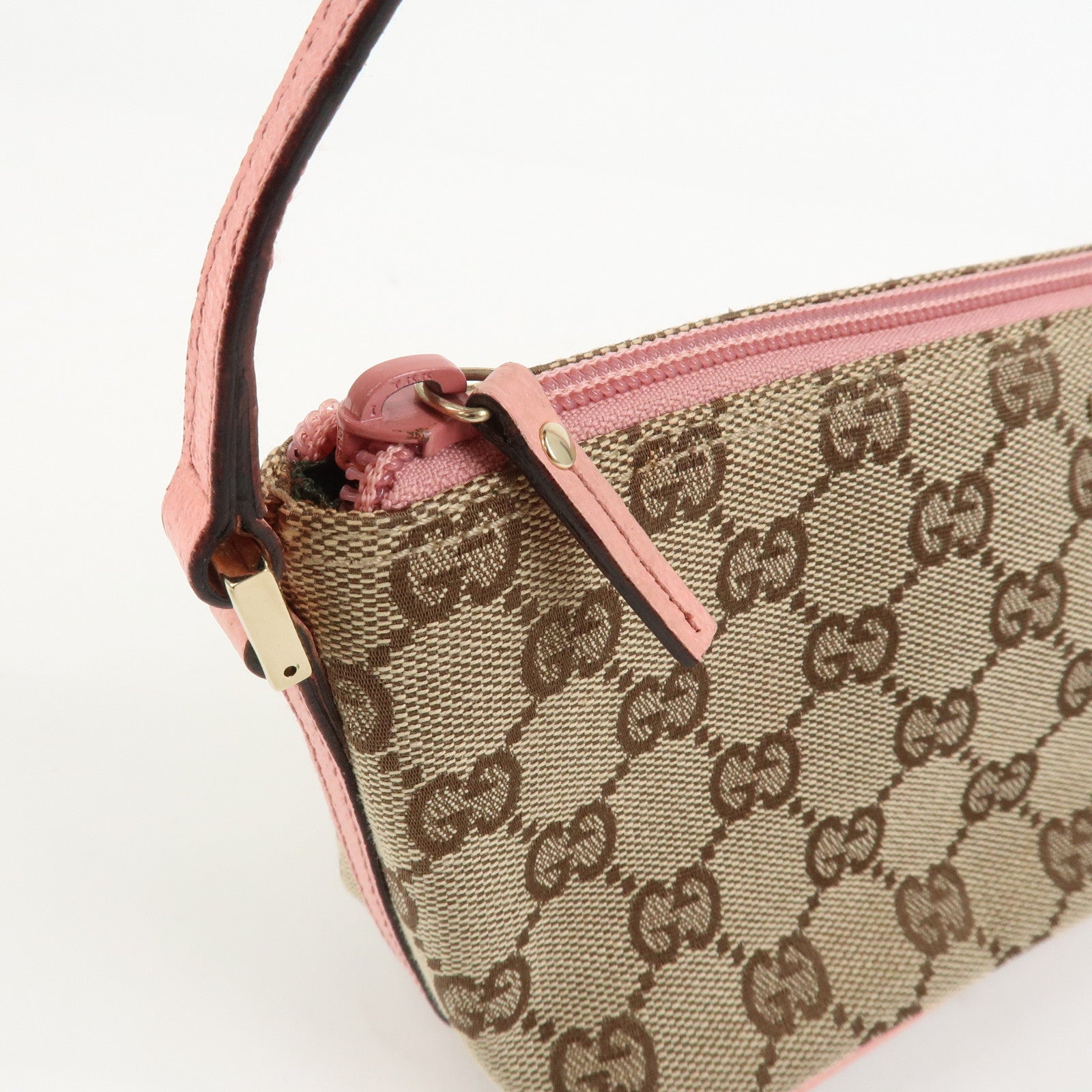 GUCCI Boat Bag GG Canvas Leather Hand Bag Brown Pink 07198