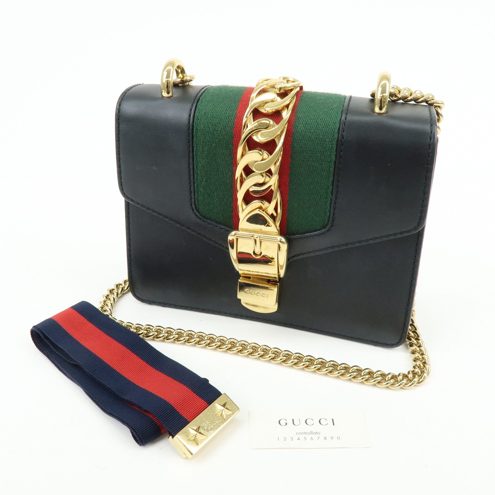 GUCCI Sylvie Sherry Leather Chain Shoulder Bag Black 431666