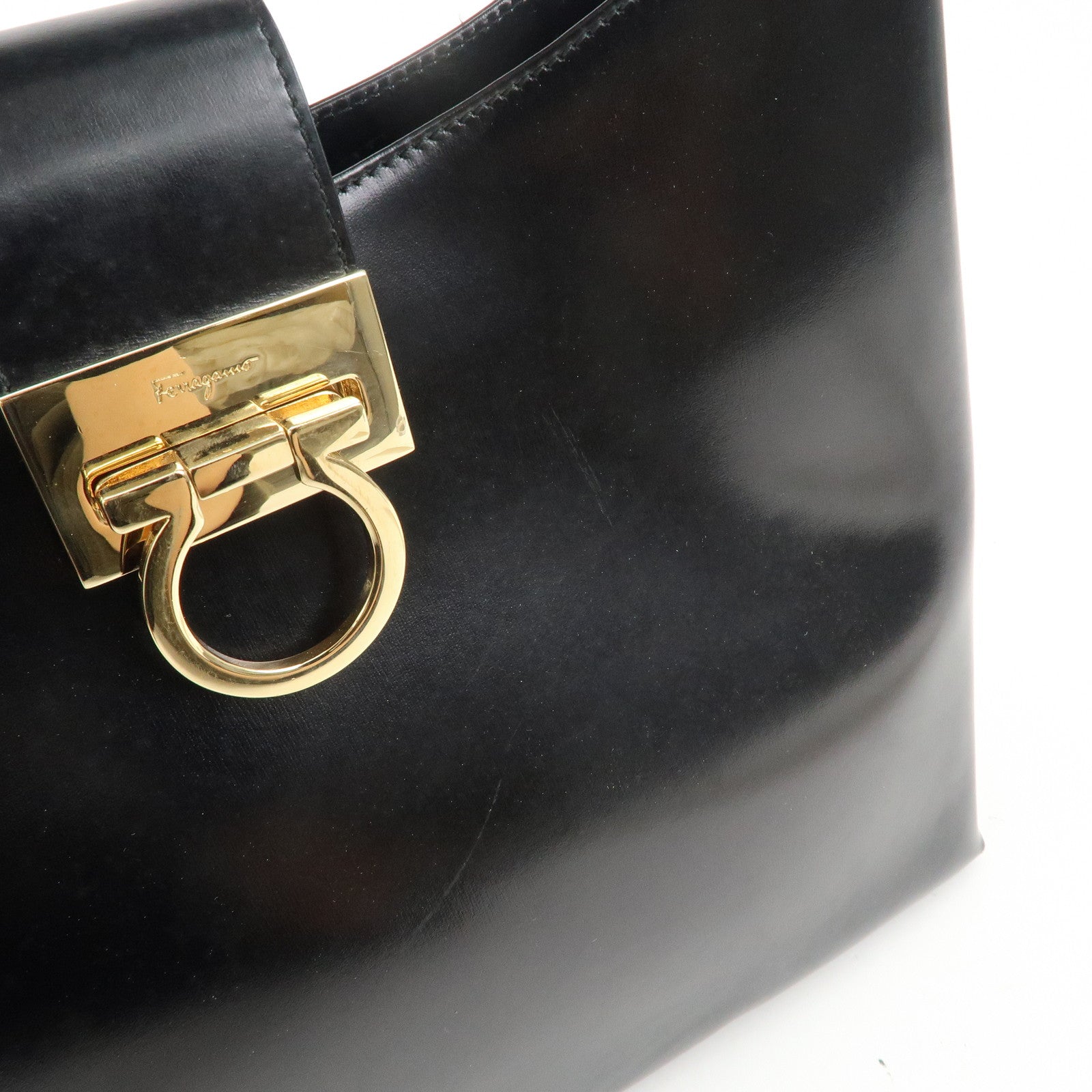 Ferragamo Gancini Leather Shoulder Bag Hand Bag Black Gold HDW