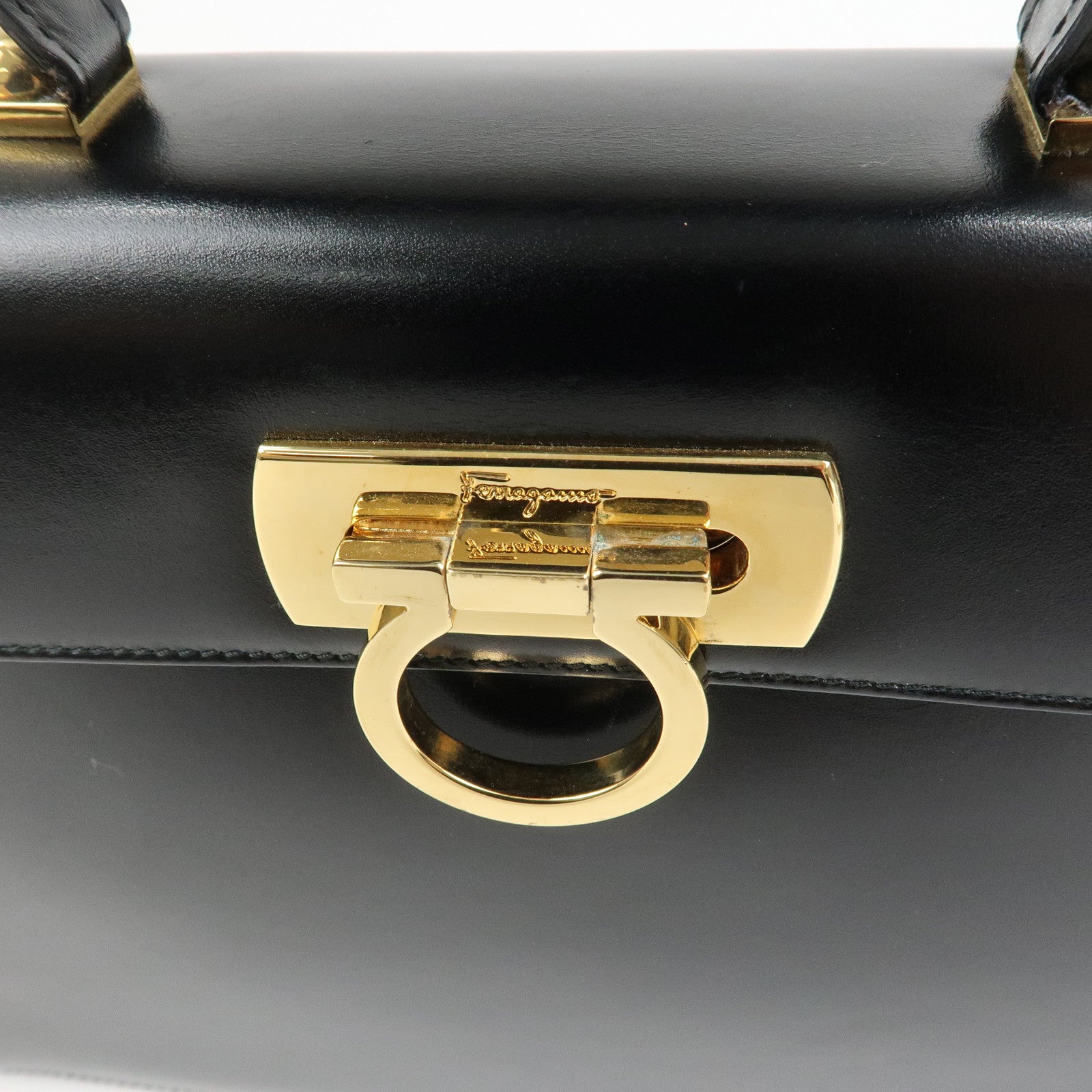 Ferragamo Gancini Logo Leather 2Way Bag Hand Bag Shoulder Bag Black