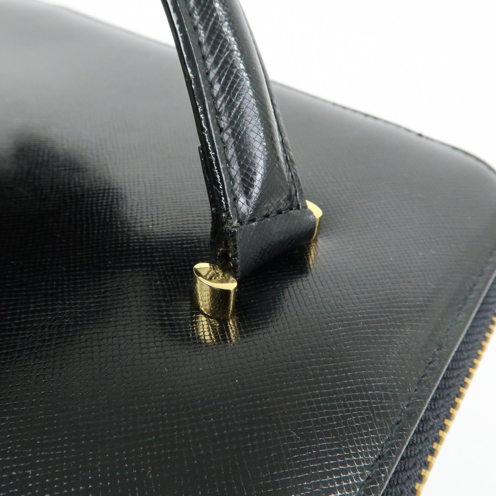 GIANNI VERSACE Leather Hand Bag Vanity Case Gold Charm Black