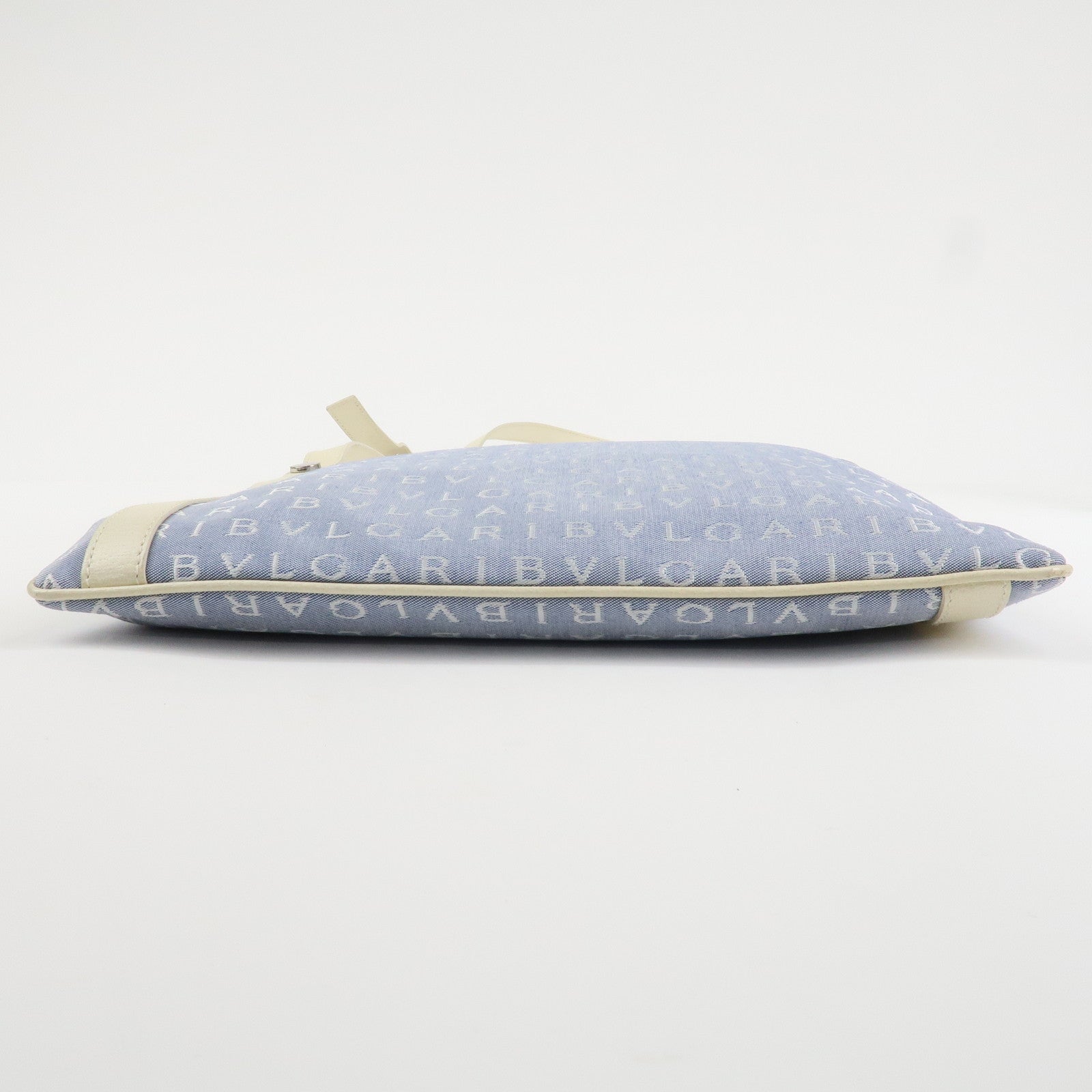 BVLGARI Logo Mania Leather Canvas Shoulder Bag Ivory Light Blue Used