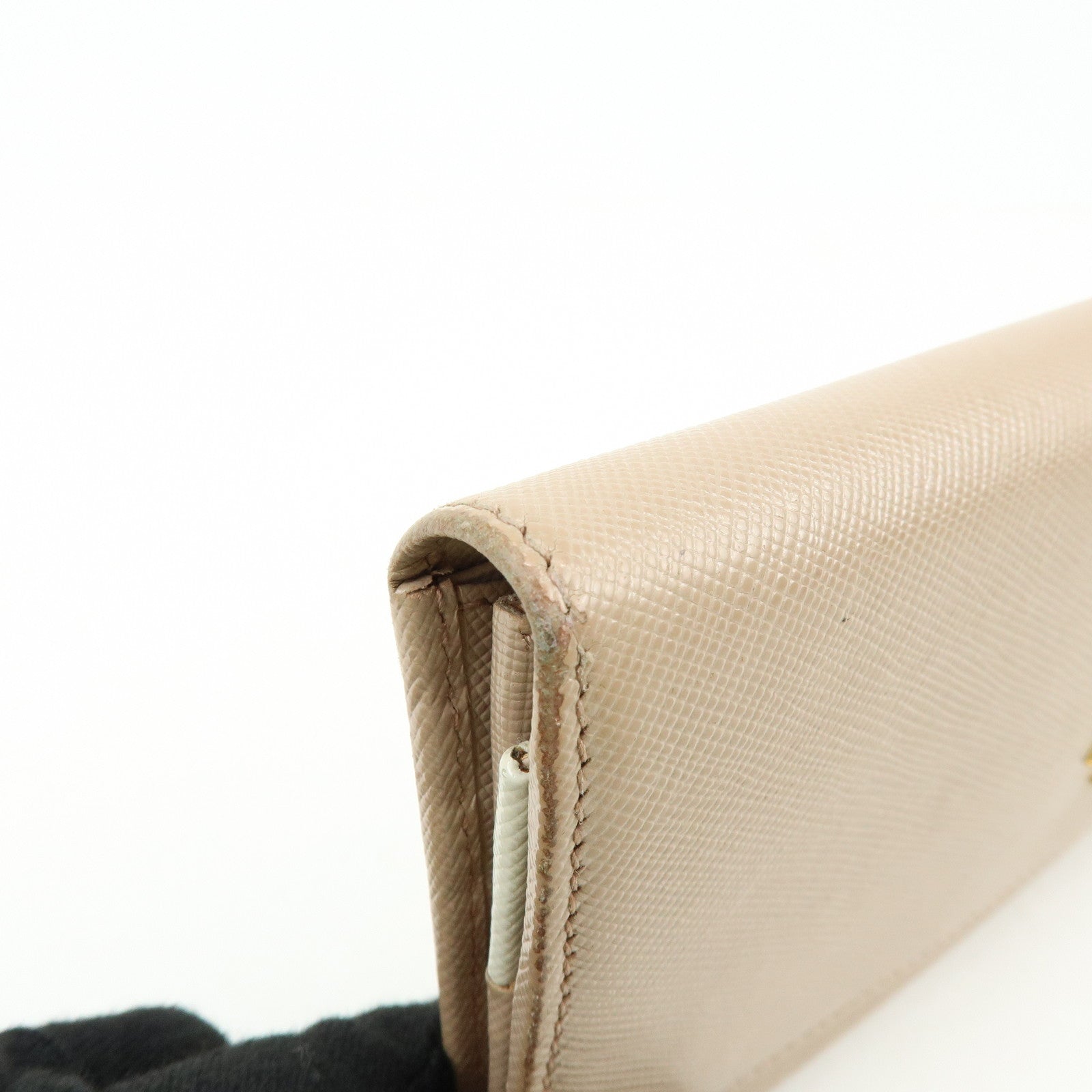 PRADA Logo Saffiano Leather Flap Bi-Fold Long Wallet Beige