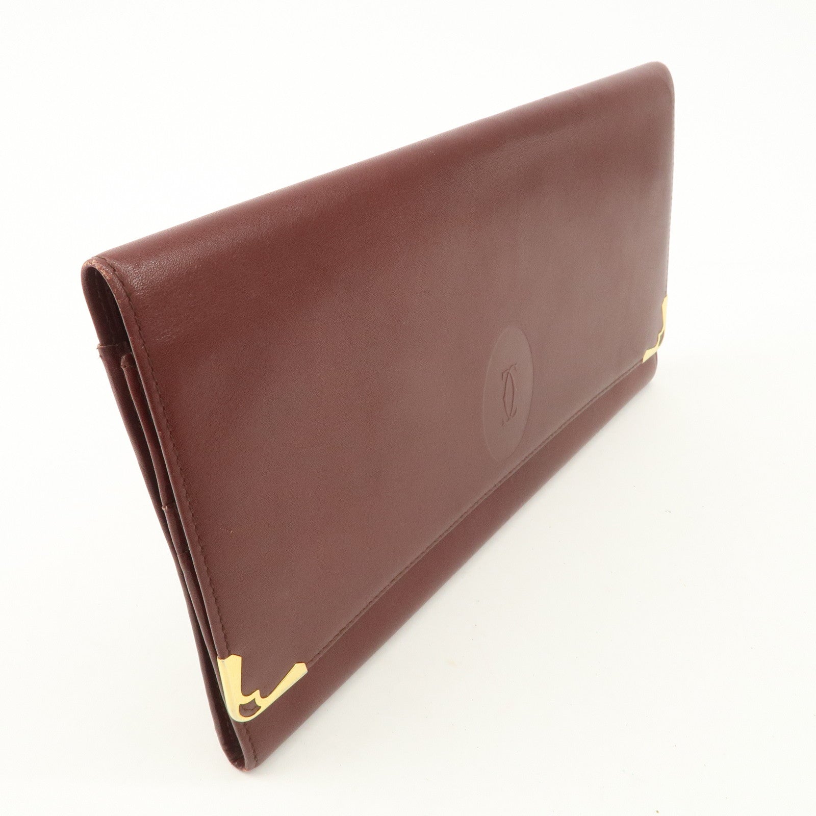 Cartier Must Line Leather Clutch Bag Bordeaux Gold Hardware Used