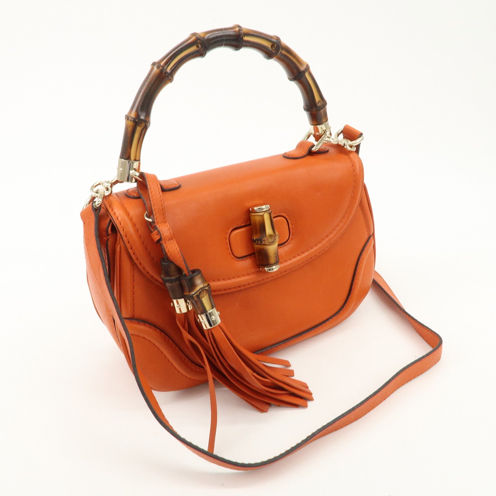 GUCCI Bamboo Leather 2Way Bag Hand Bag Shoulder Bag Orange 254884 Used