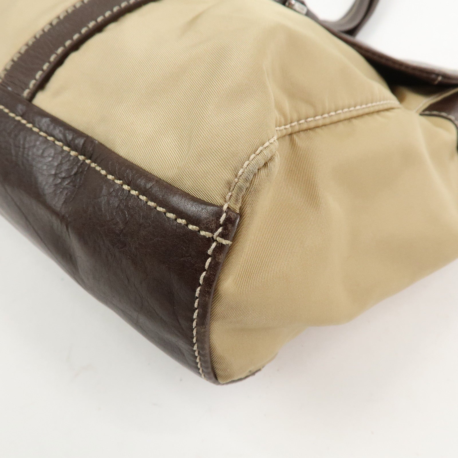 PRADA Triangle Logo Leather Nylon Shoulder Bag Brown BR2418