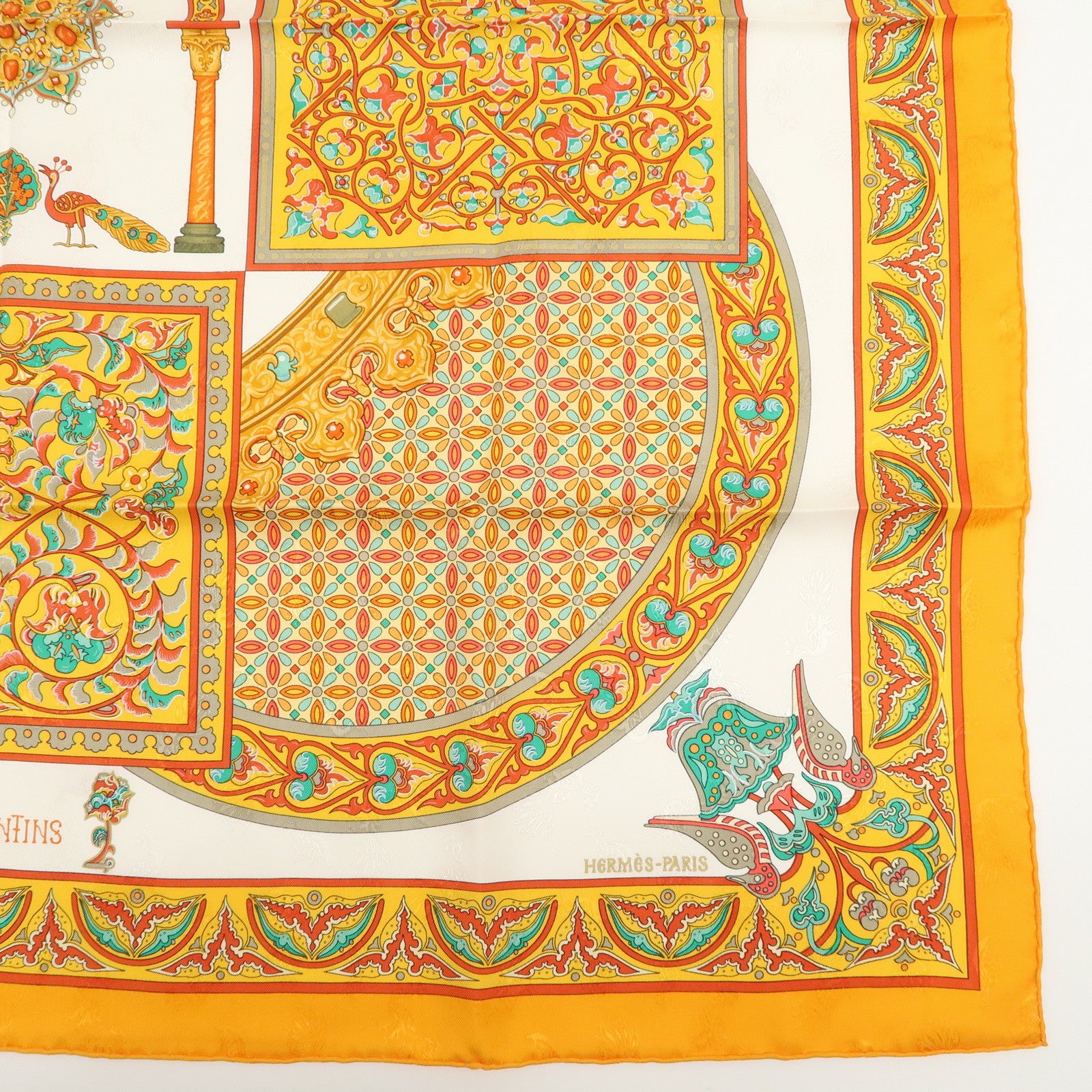 HERMES Carre 90 Silk 100% Scarf CIELS BYZANTINS Orange White