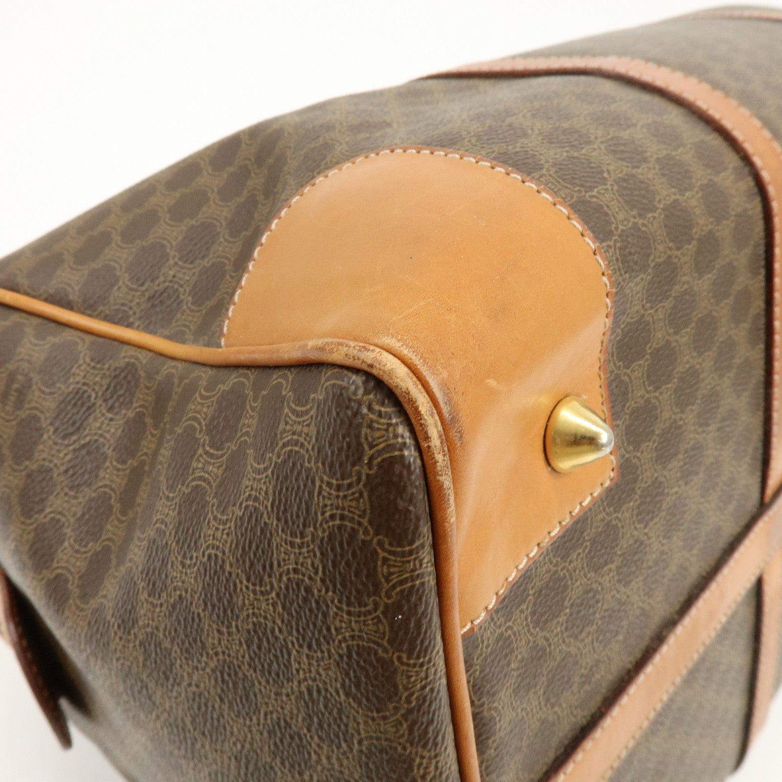 CELINE Macadam PVC Coated Canvas Leather Boston Bag Hand Bag Brown