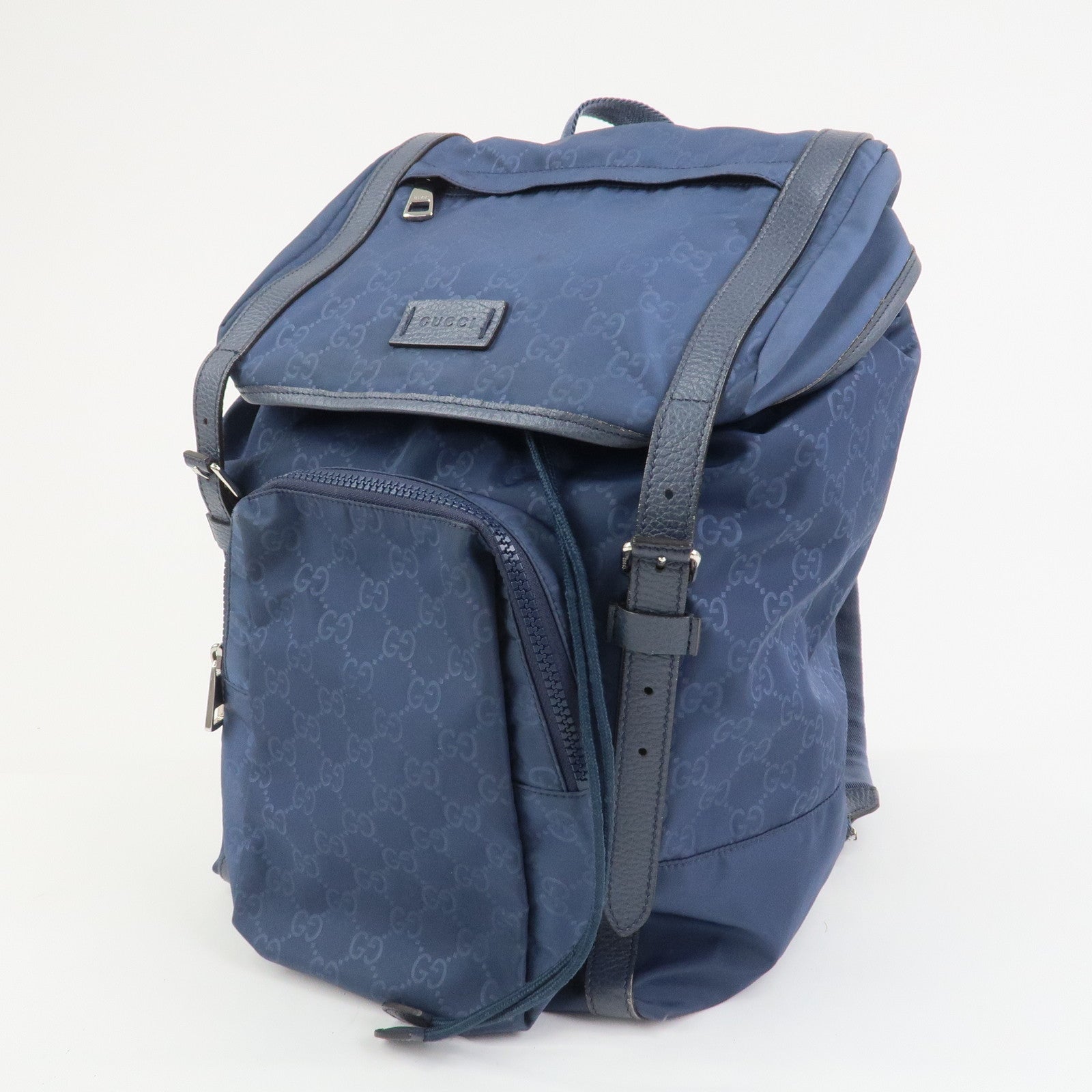 GUCCI GG Nylon Leather Backpack Rucksack Navy 387071