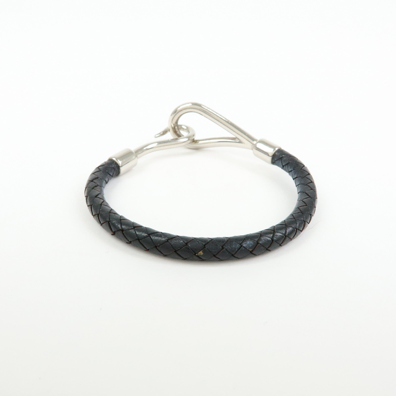 HERMES Leather Metal Jumbo Choker Bracelet Black Silver