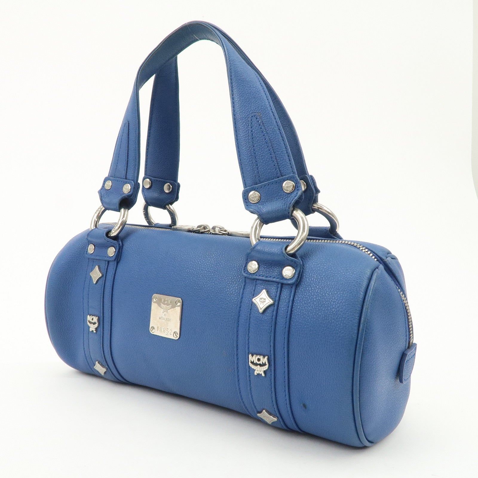 MCM Logo Leather Hand Bag Silver Studs Blue