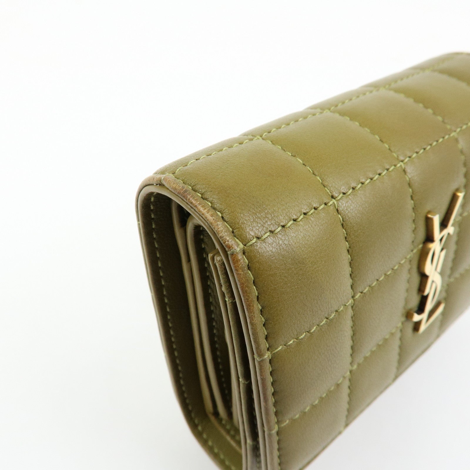 SAINT LAURENT PARIS Cassandra Leather Tri-Fold Wallet Khaki