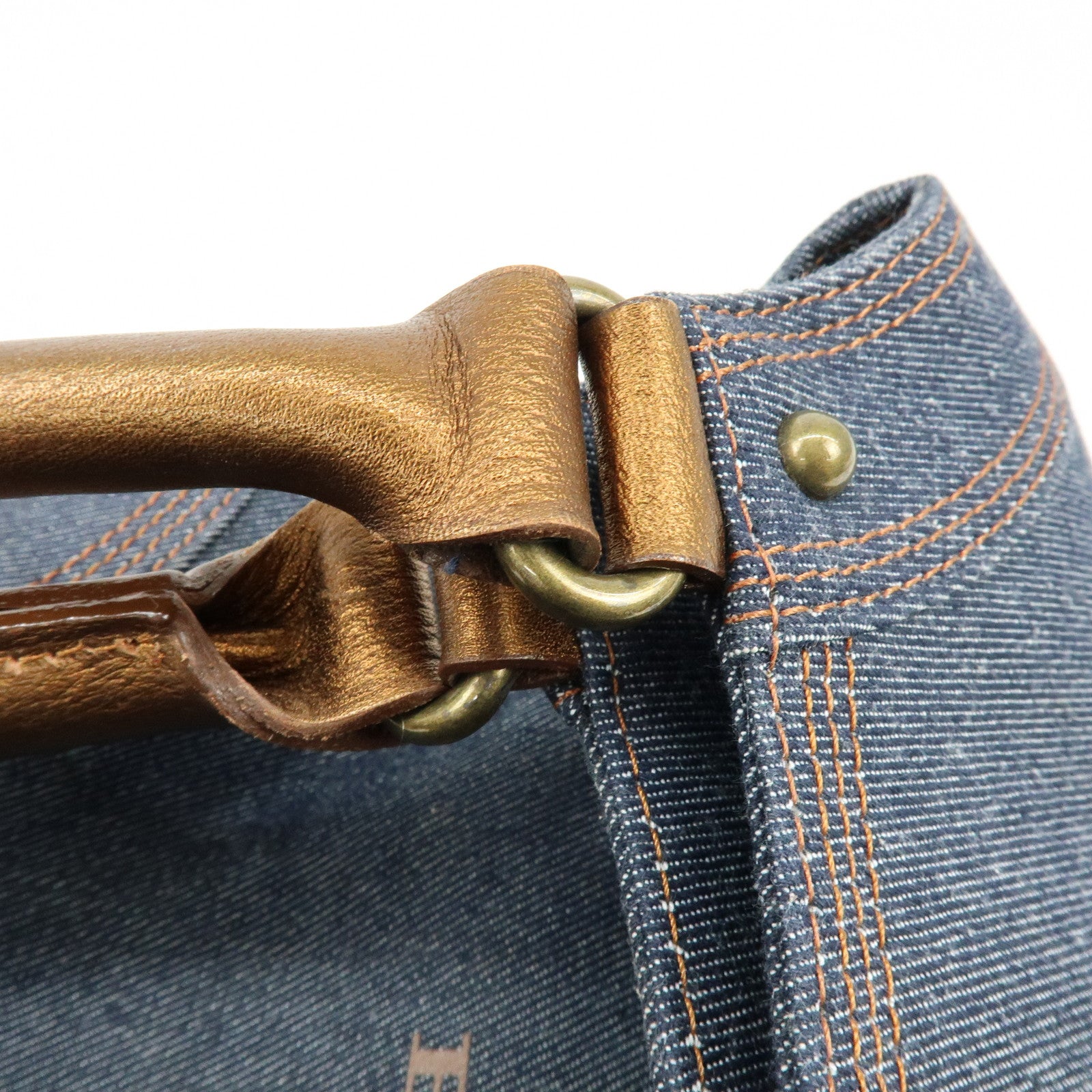 BURBERRY Blue Label Denim Leather Tote Bag Indigo Metallic Brown
