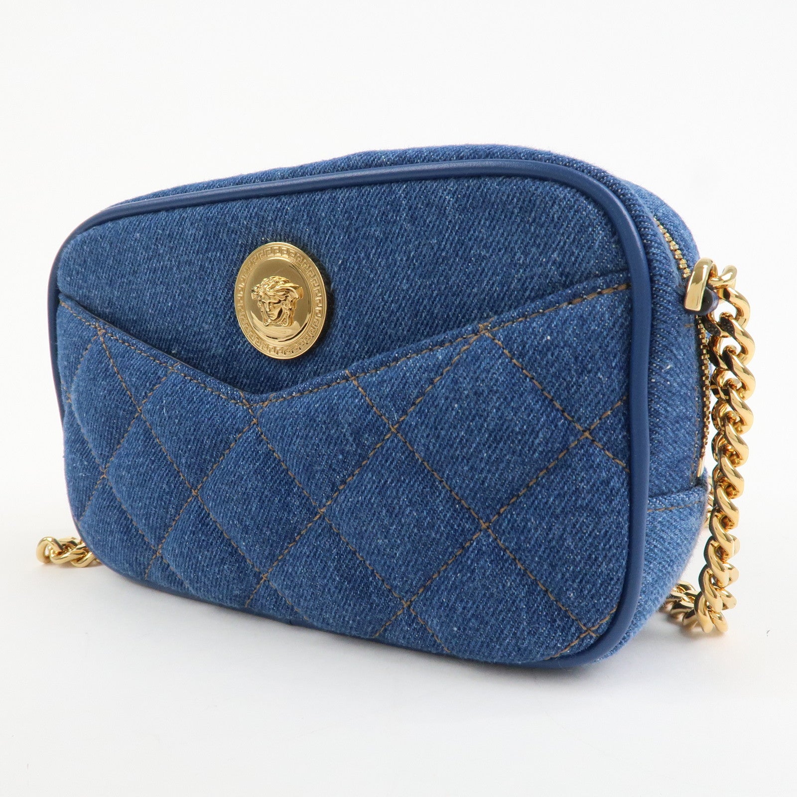 GIANNI VERSACE Denim Leather Chain Shoulder Bag Blue