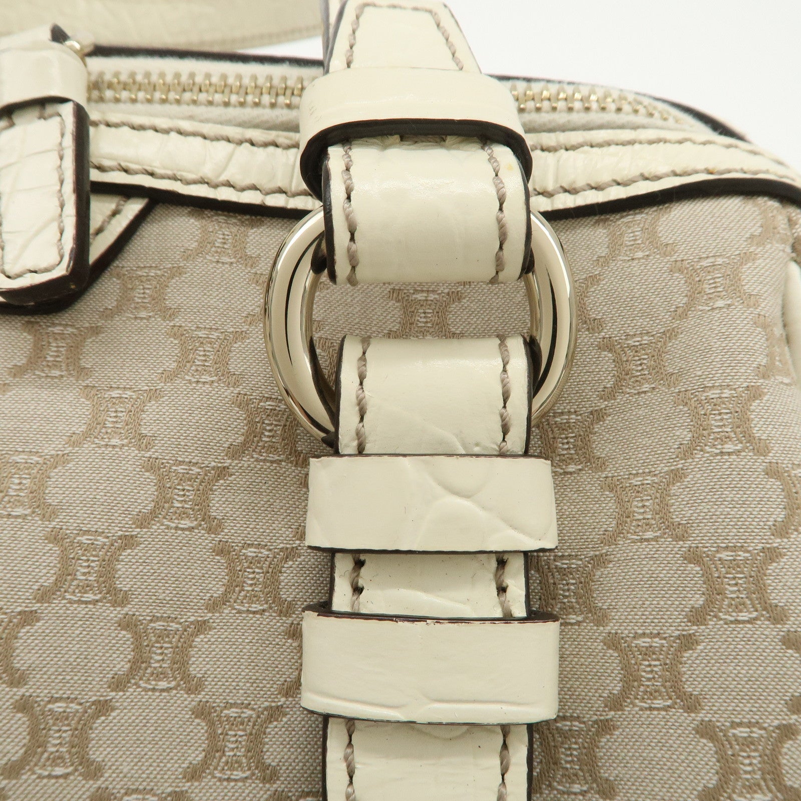 CELINE Macadam Canvas Leather Boston Bag Hand Bag Beige Ivory